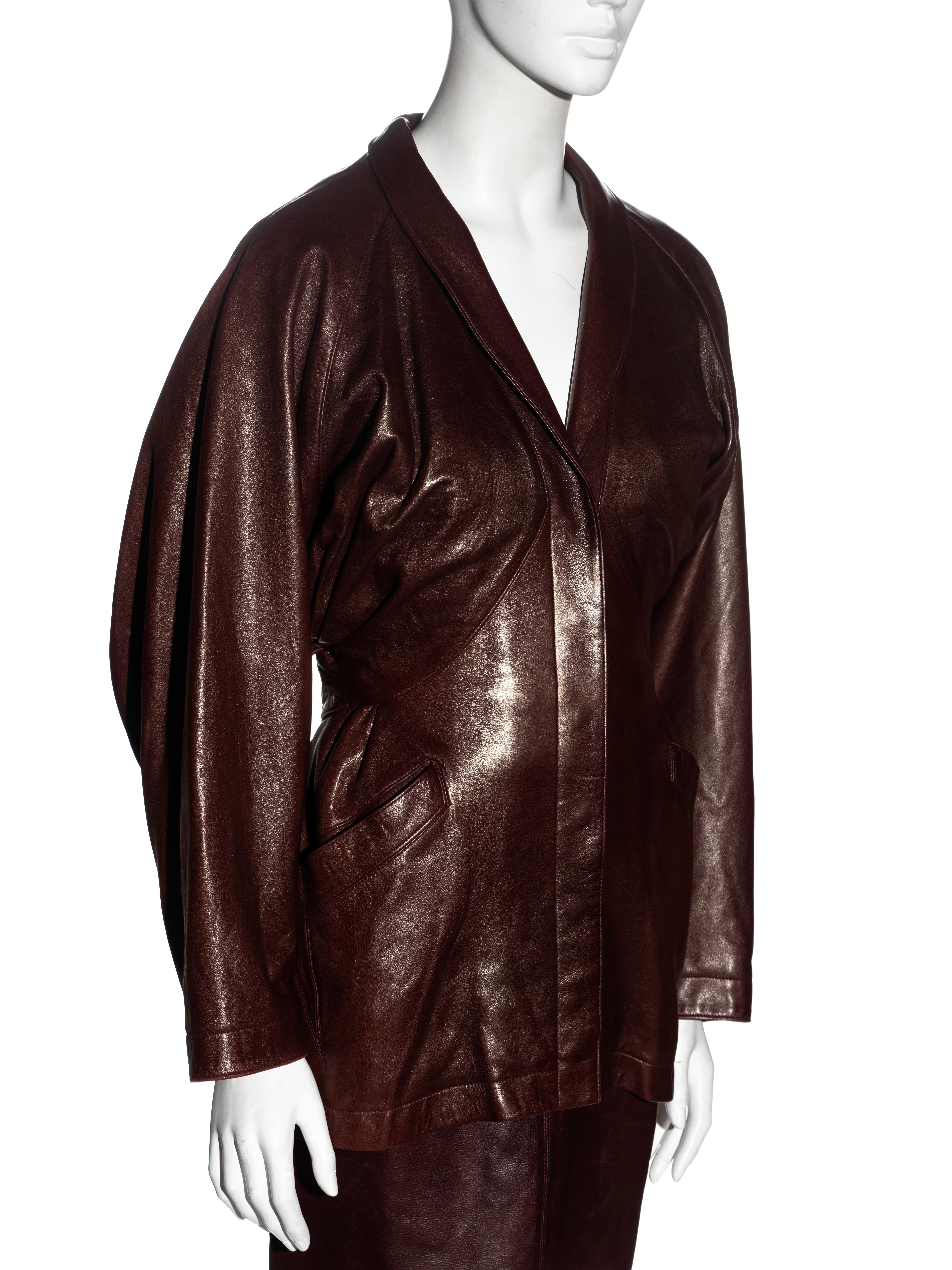 Black Azzedine Alaia brown leather jacket and skirt suit, fw 1984