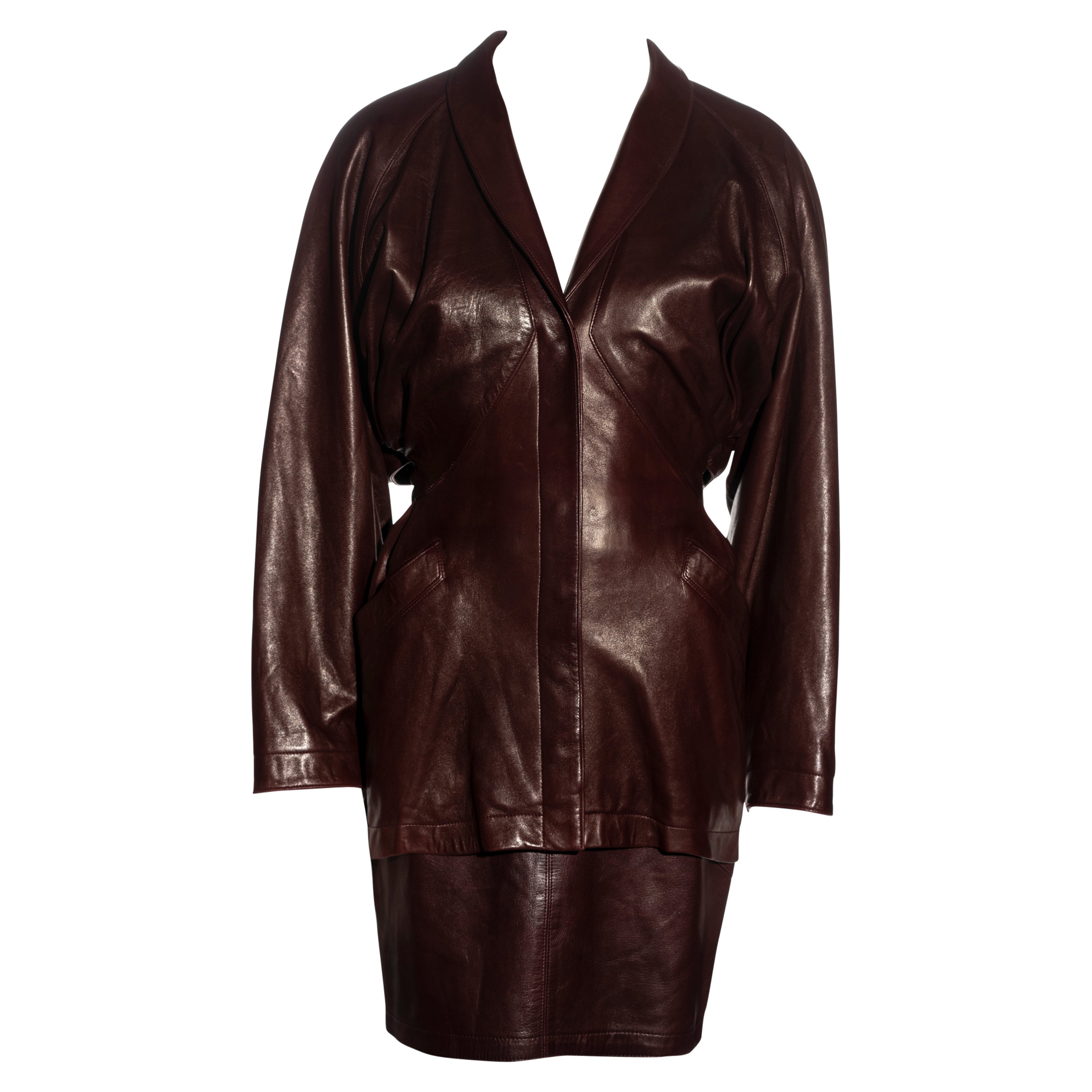 Azzedine Alaia brown leather jacket and skirt suit, fw 1984
