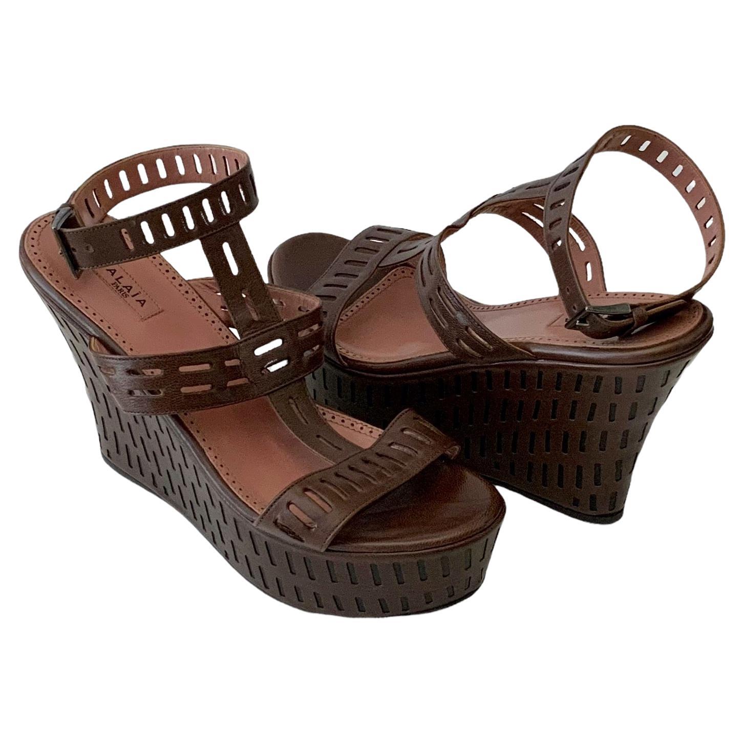 Azzedine Alaïa Brown Leather Wedge Platform Sandals