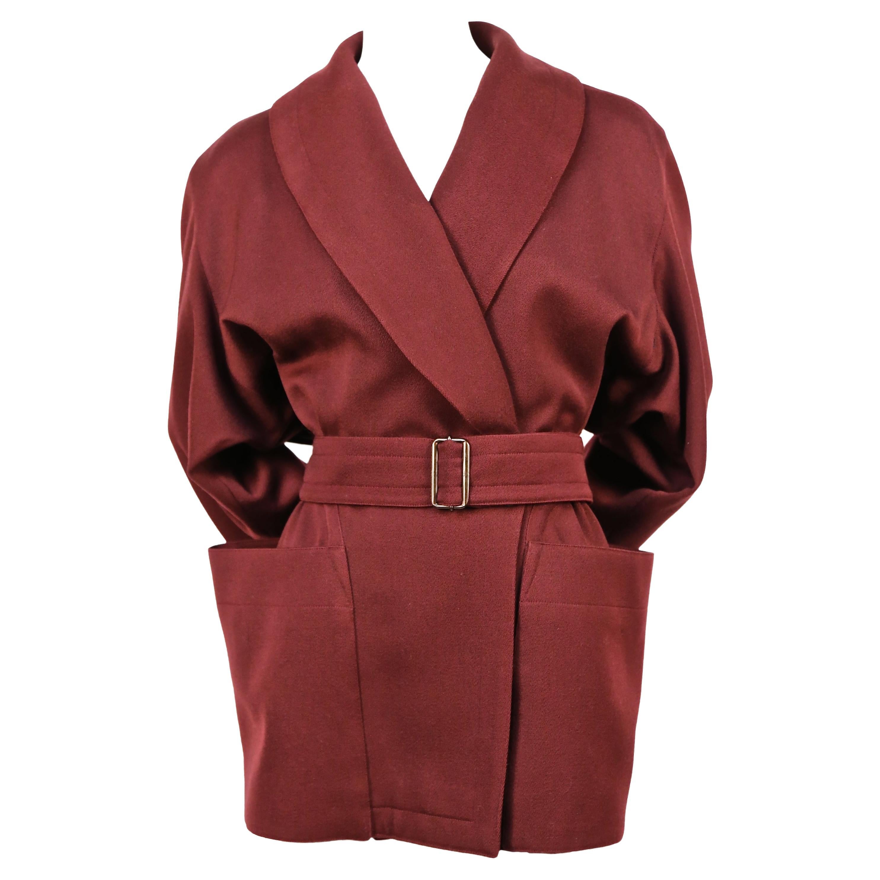 Azzedine Alaia burgundy gabardine coat with wrap around pockets, 1980s 