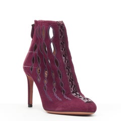 AZZEDINE ALAIA burgundy red suede geometric cut out high heel ankle bootie EU36