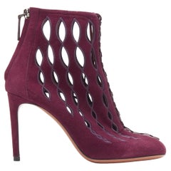 AZZEDINE ALAIA burgundy red suede geometric cut out high heel ankle bootie EU36