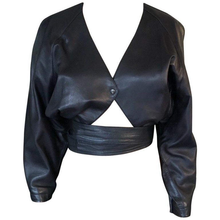 Azzedine Alaia c. 1990's Vintage Black Wrap Around Leather Cutout Top Jacket
