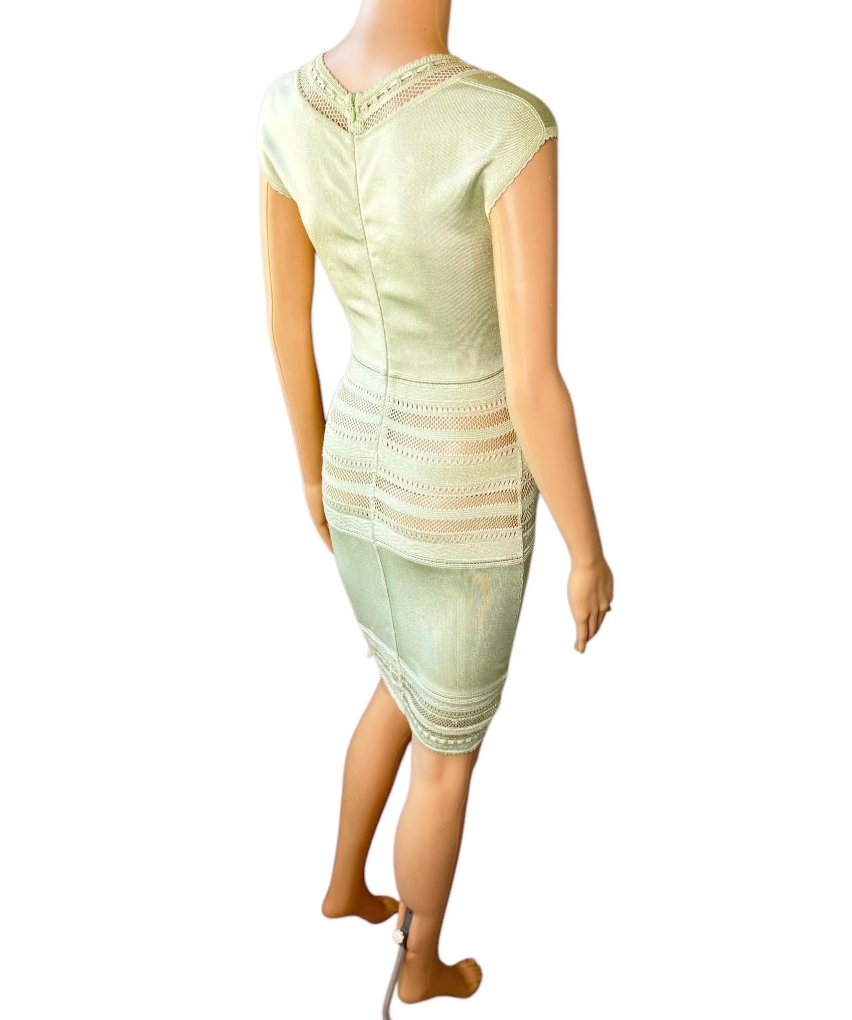 Azzedine Alaia c. 1993 Vintage Semi-Sheer Crochet Open Knit Bodycon Green Dress For Sale 5