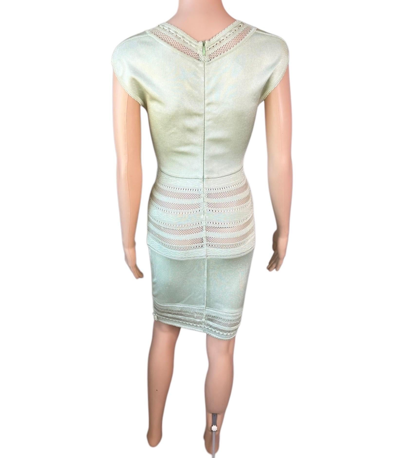 Azzedine Alaia c. 1993 Vintage Semi-Sheer Crochet Open Knit Bodycon Green Dress For Sale 6