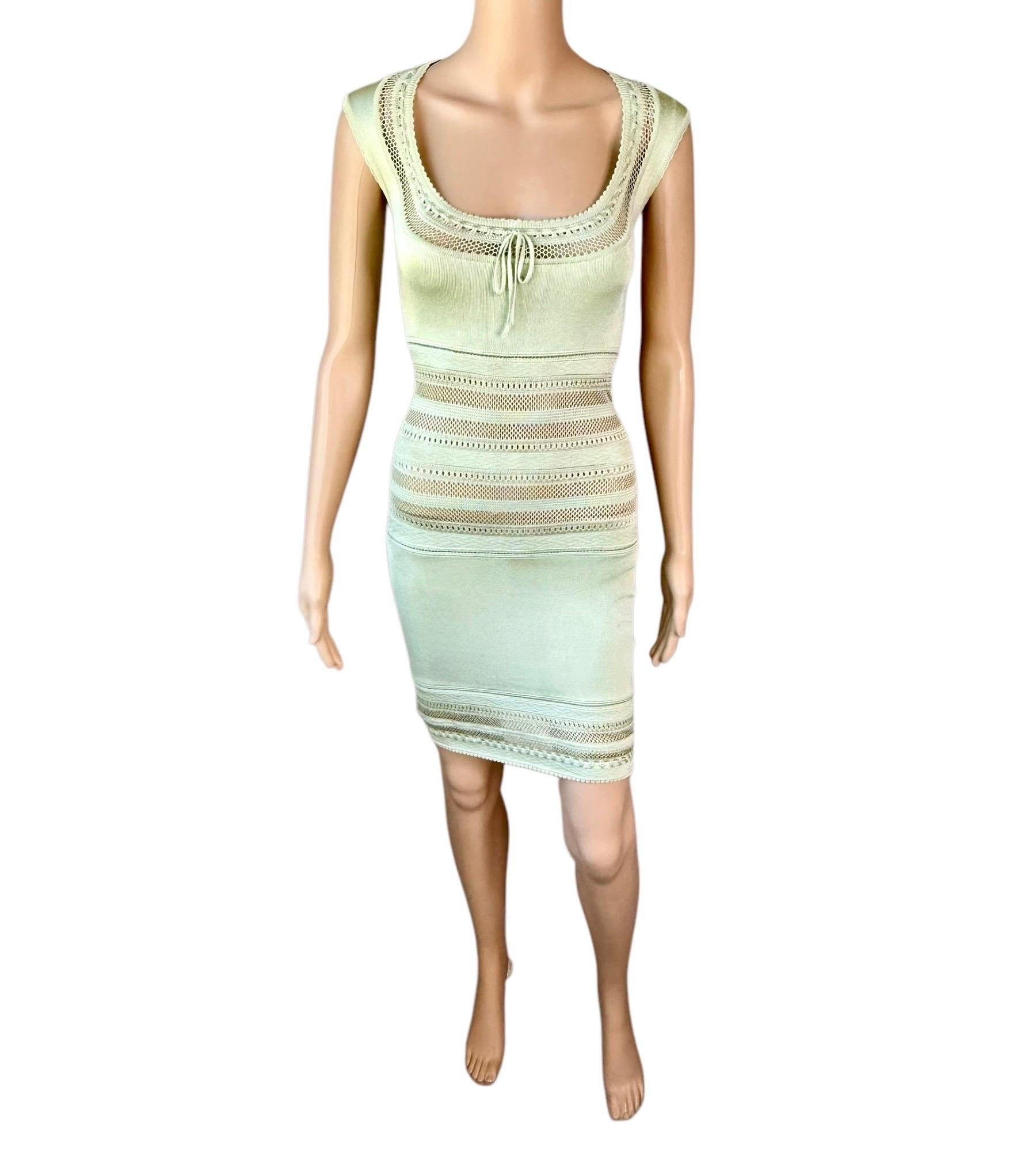 Azzedine Alaia c. 1993 Vintage Semi-Sheer Crochet Open Knit Bodycon Green Dress For Sale 7