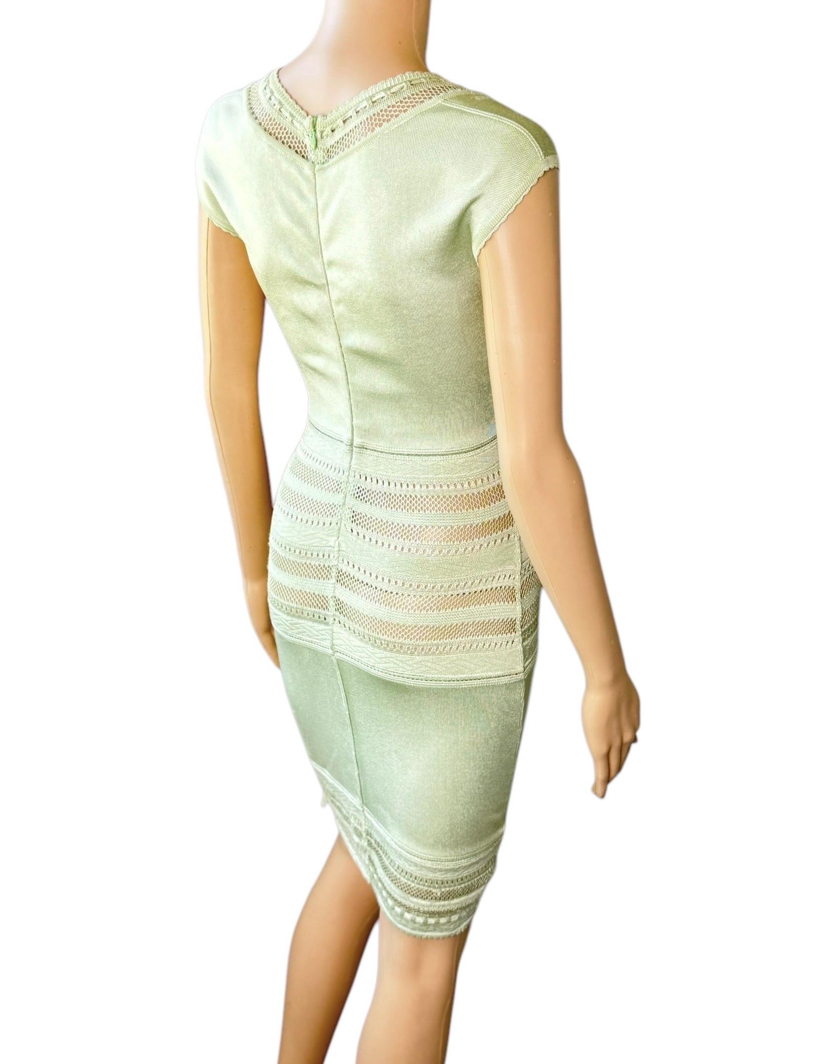 Azzedine Alaia c. 1993 Vintage Semi-Sheer Crochet Open Knit Bodycon Green Dress For Sale 8
