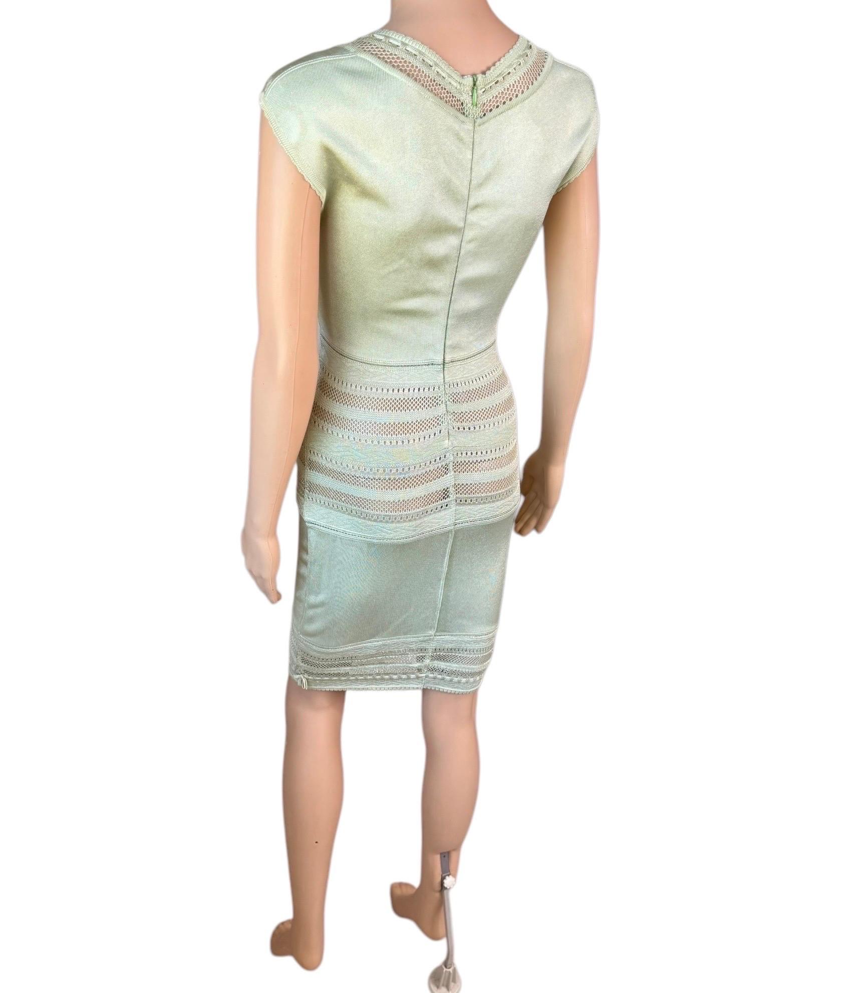 Azzedine Alaia c. 1993 Vintage Semi-Sheer Crochet Open Knit Bodycon Green Dress For Sale 9