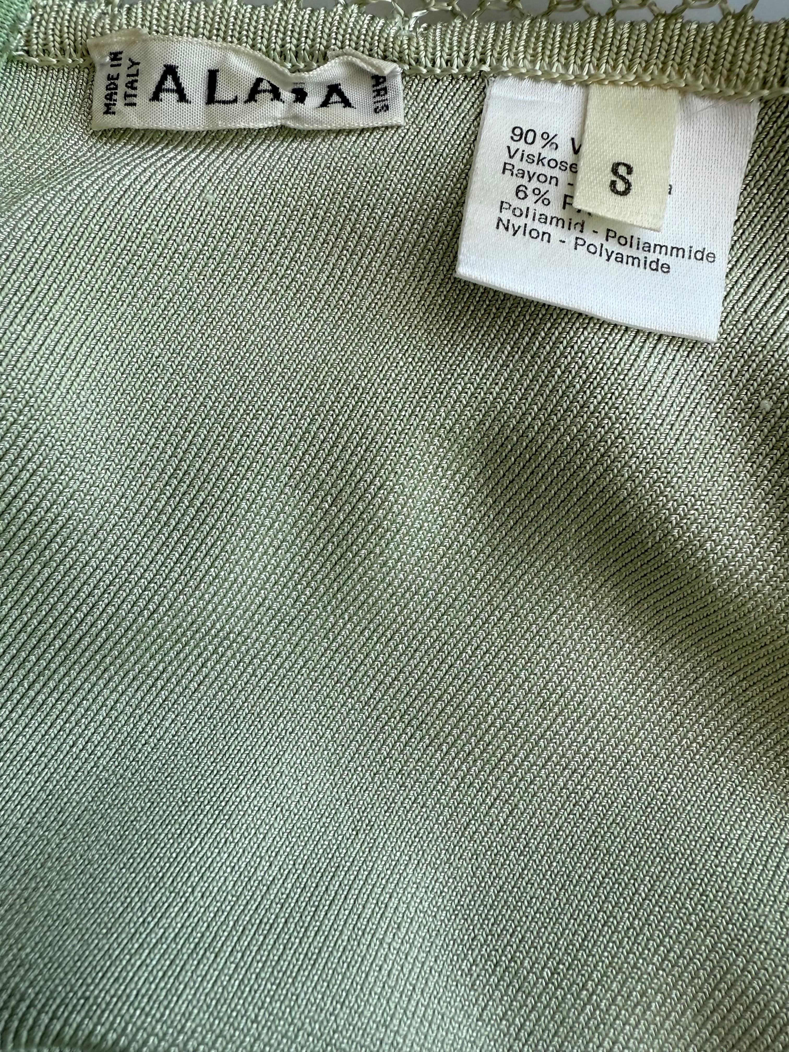 Azzedine Alaia c. 1993 Vintage Semi-Sheer Crochet Open Knit Bodycon Green Dress For Sale 11