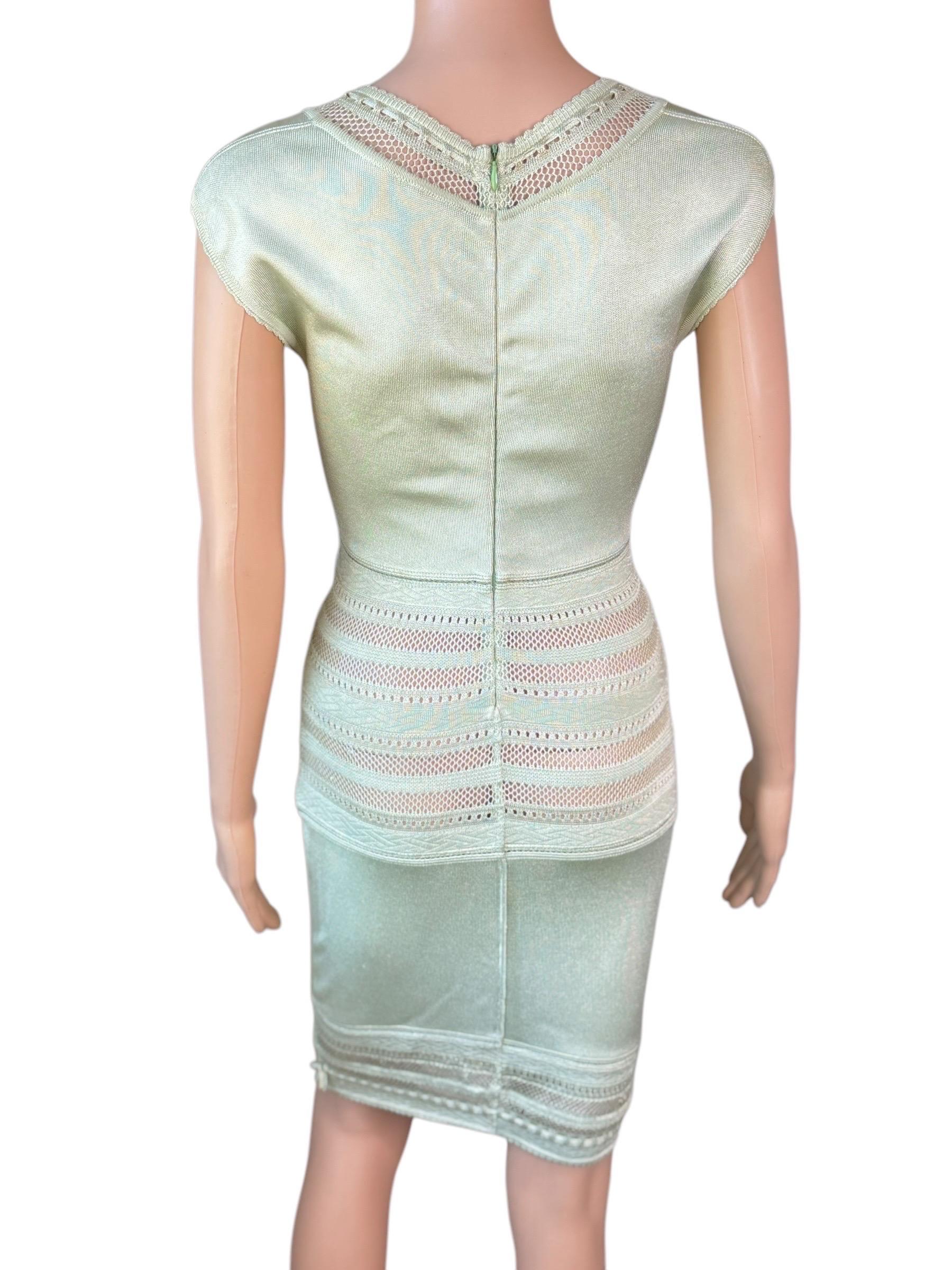 Gray Azzedine Alaia c. 1993 Vintage Semi-Sheer Crochet Open Knit Bodycon Green Dress For Sale
