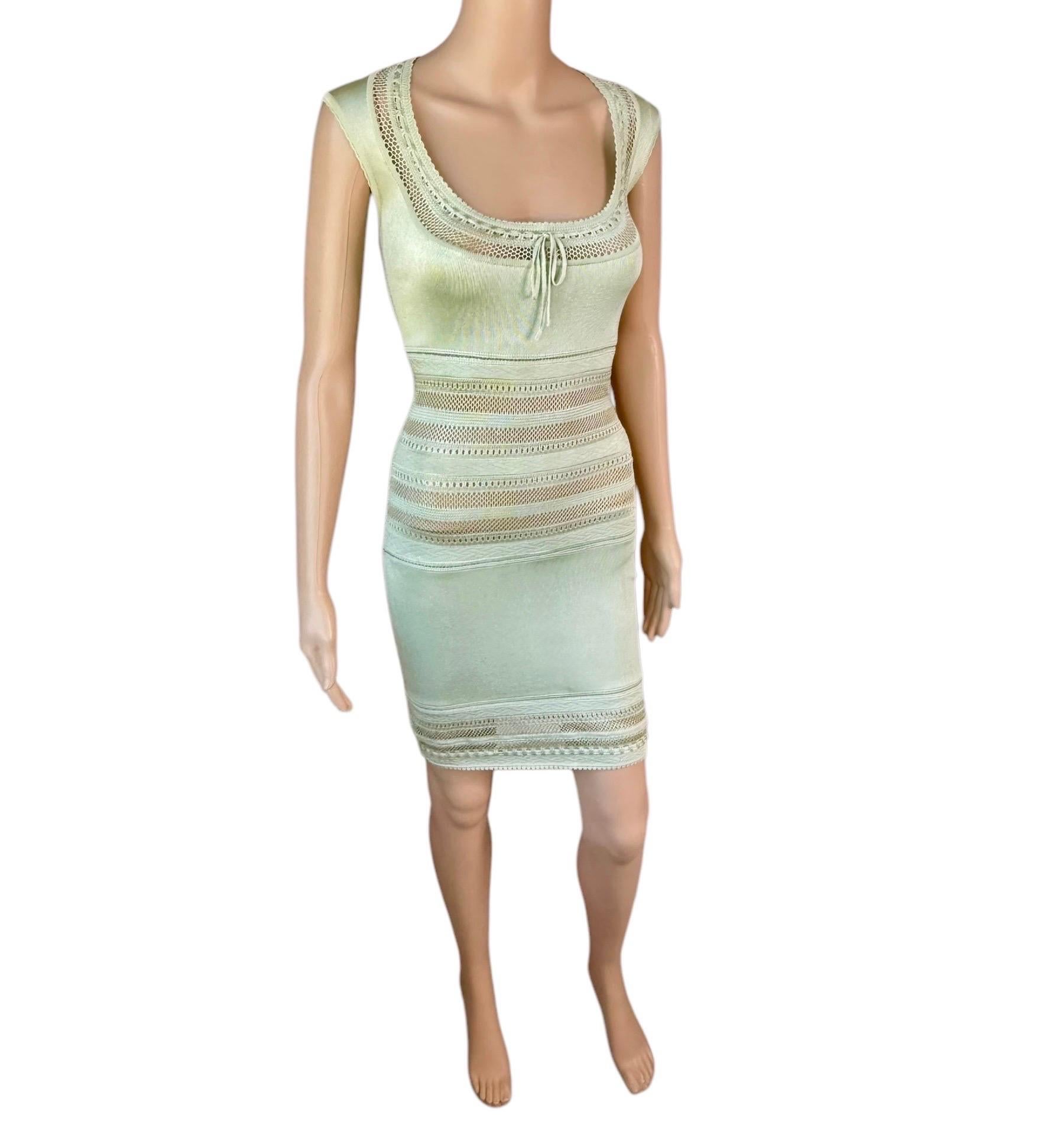 Azzedine Alaia c. 1993 Vintage Semi-Sheer Crochet Open Knit Bodycon Green Dress For Sale 2