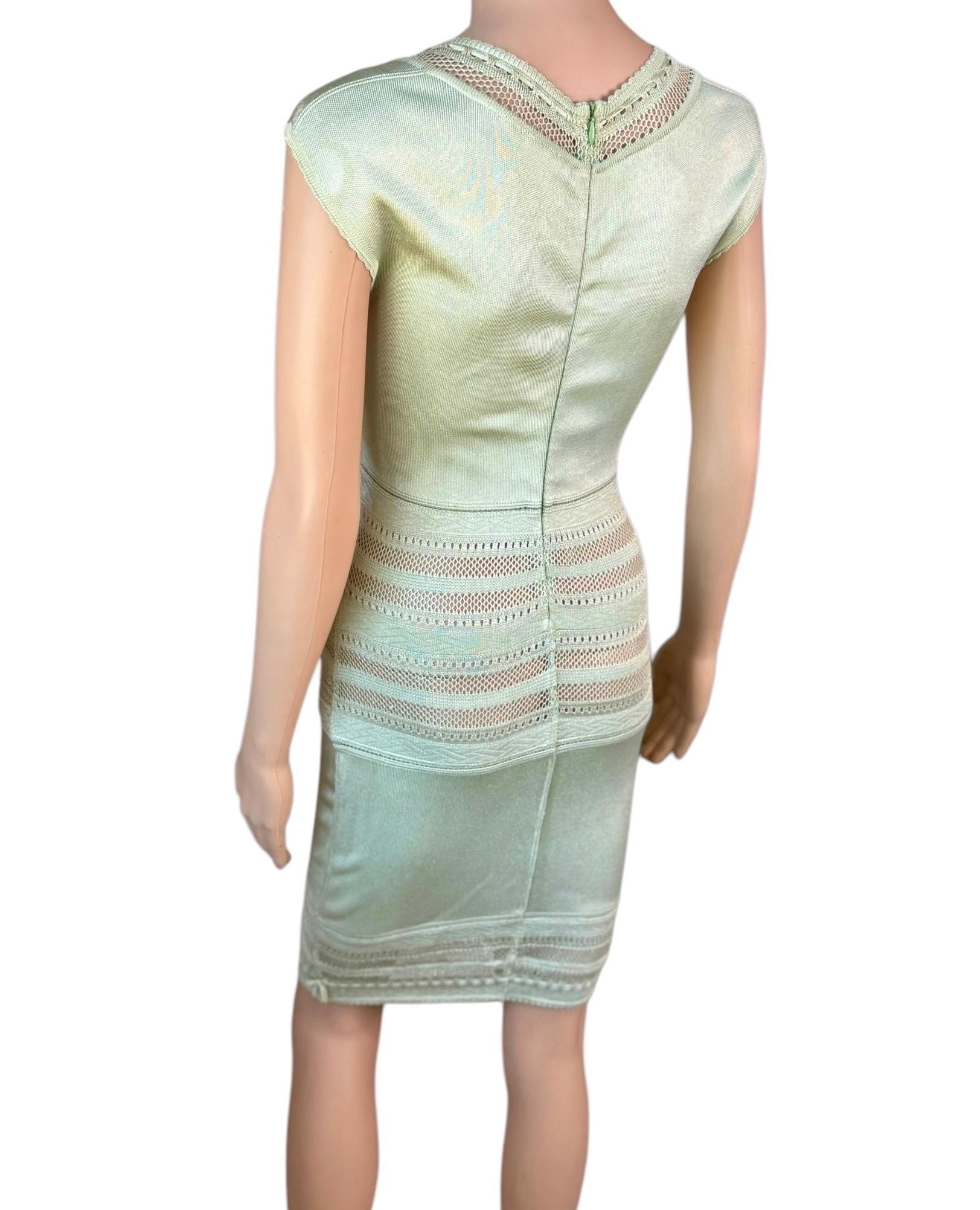 Azzedine Alaia c. 1993 Vintage Semi-Sheer Crochet Open Knit Bodycon Green Dress For Sale 3