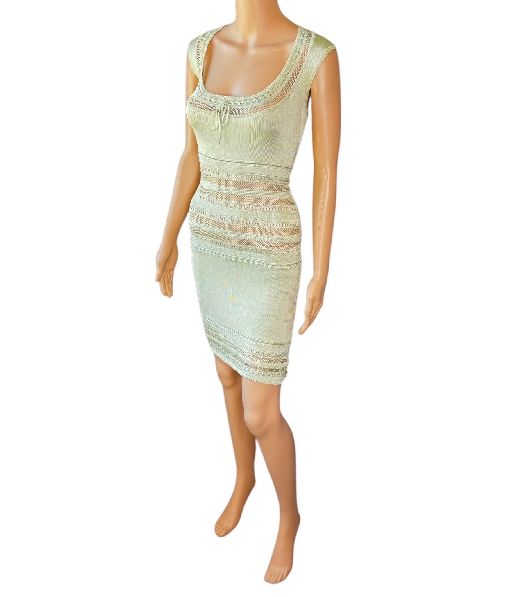 Azzedine Alaia c. 1993 Vintage Semi-Sheer Crochet Open Knit Bodycon Green Dress For Sale 4