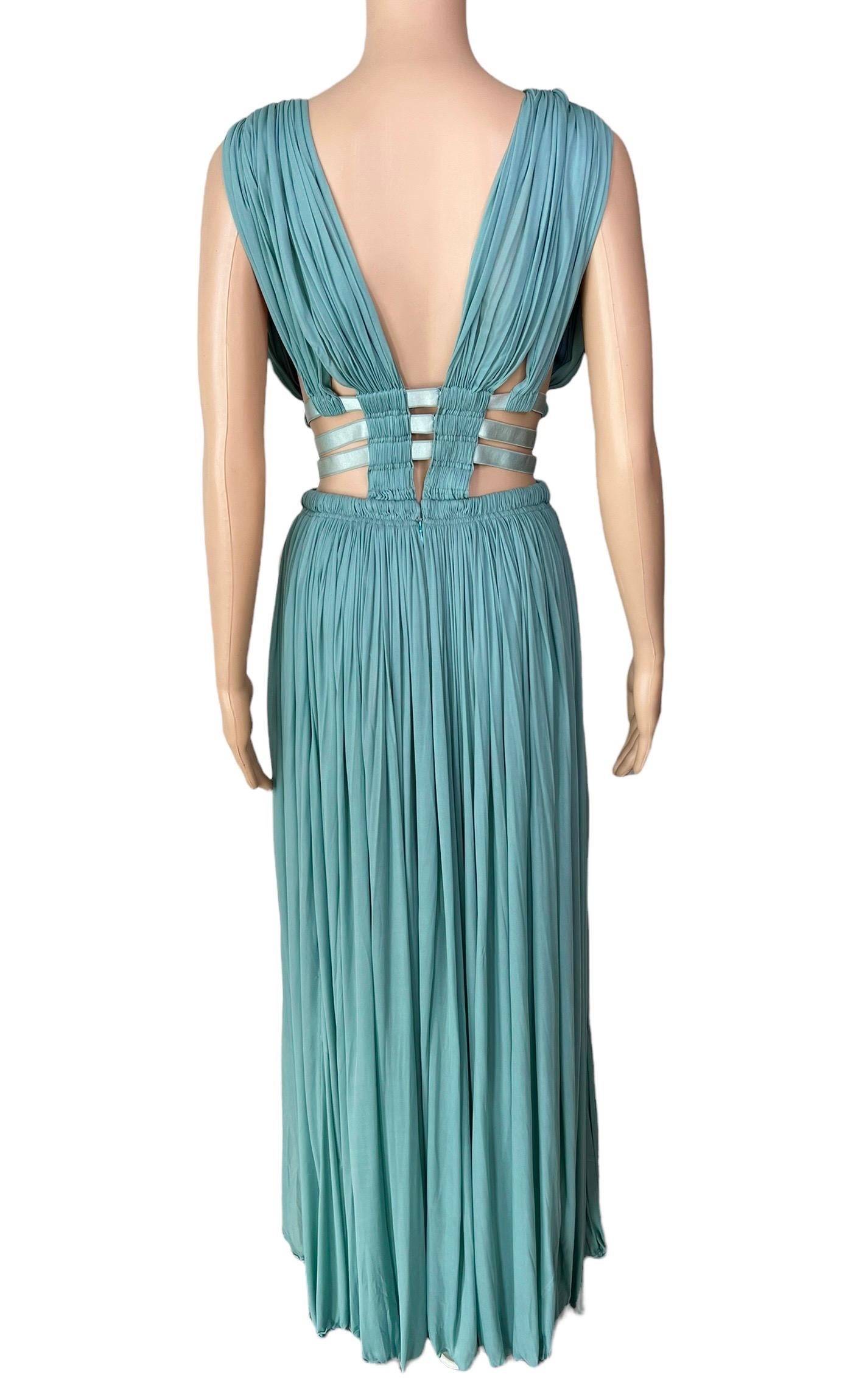 Azzedine Alaïa c.2004 Halbdurchsichtiger Ausschnitt Gerüschtes Schlitzkleid Maxi-Abendkleid (Blau) im Angebot