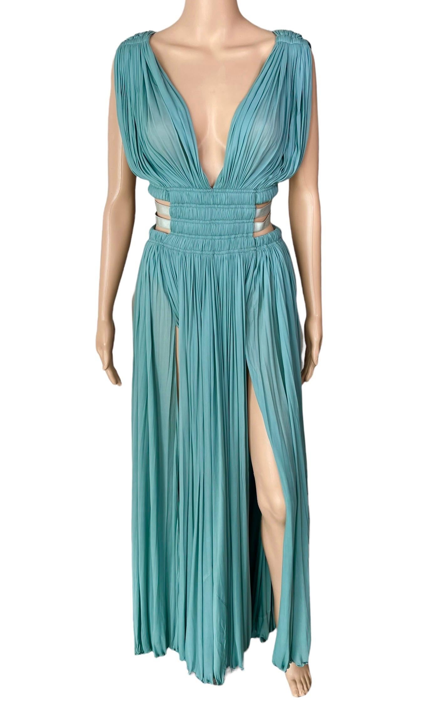 Blue Azzedine Alaïa c.2004 Semi-Sheer Cutout Ruched Slits Gown Maxi Evening Dress For Sale