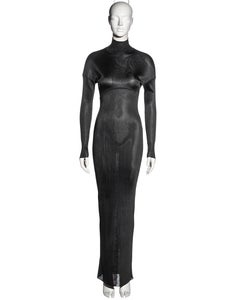 Azzedine Alaia charcoal acetate knit figure-hugging floor-length dress, fw 1986