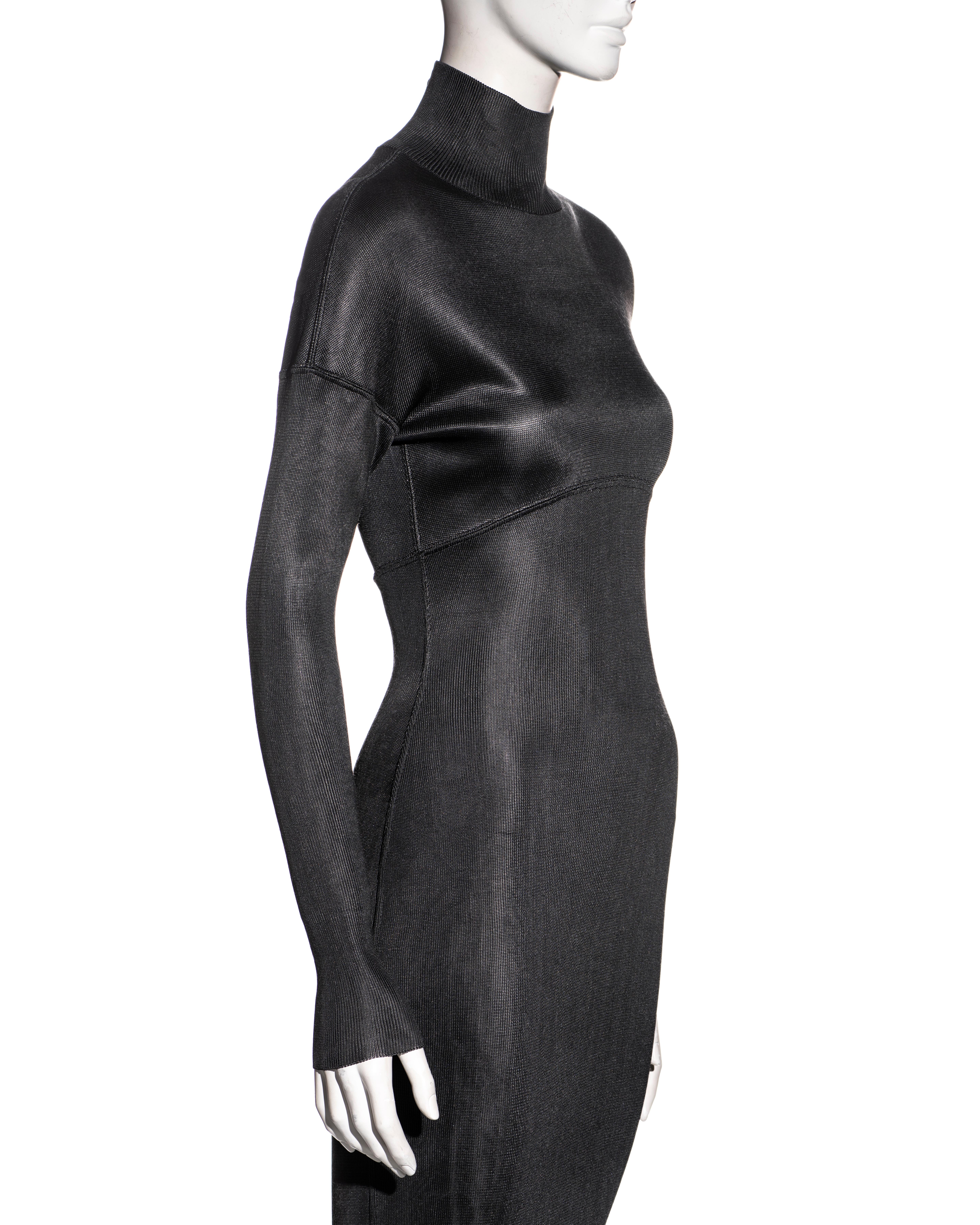 Women's Azzedine Alaia charcoal acetate knit figure-hugging floor-length dress, fw 1986 For Sale