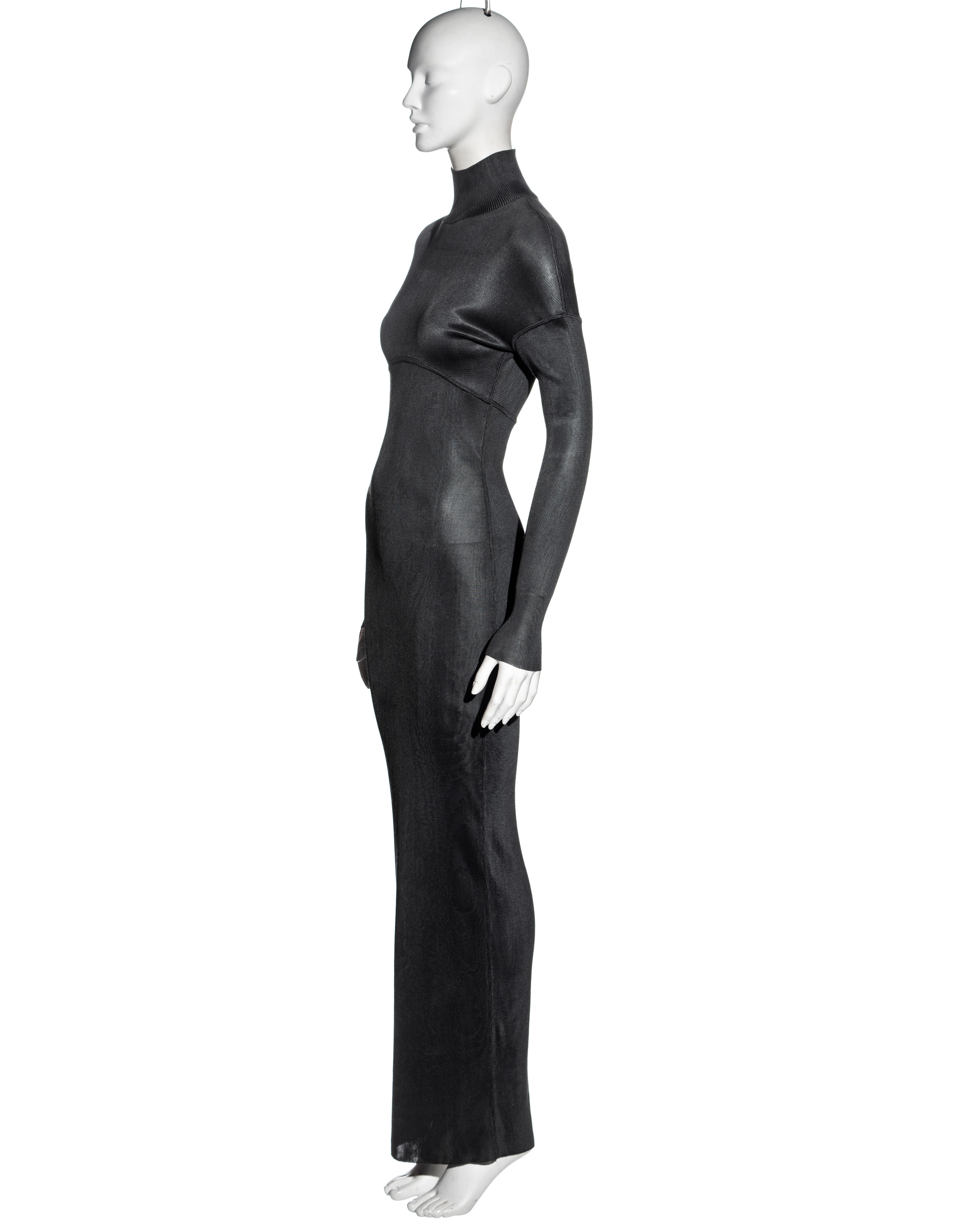 Azzedine Alaia charcoal acetate knit figure-hugging floor-length dress, fw 1986 For Sale 2