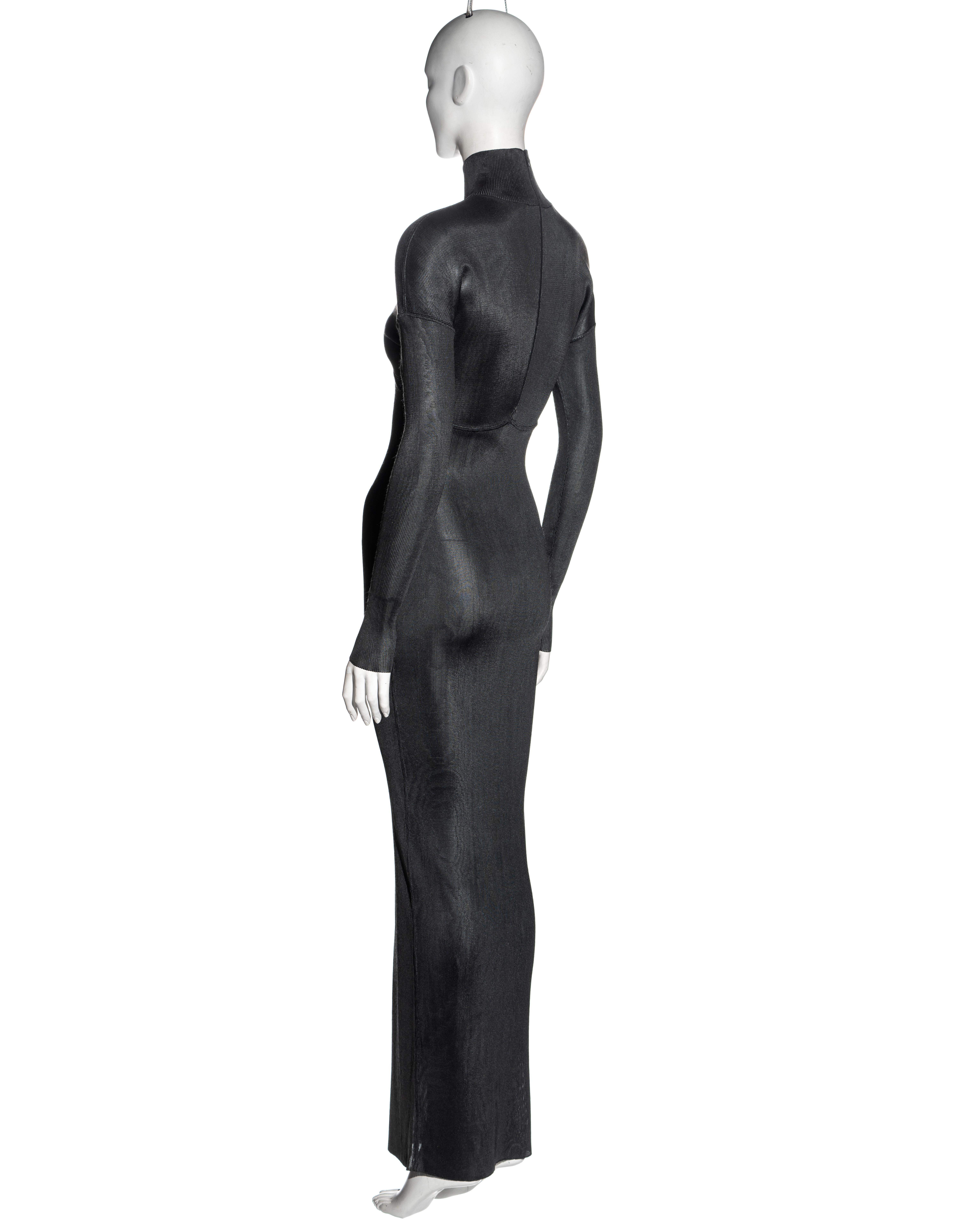 Azzedine Alaia charcoal acetate knit figure-hugging floor-length dress, fw 1986 For Sale 3