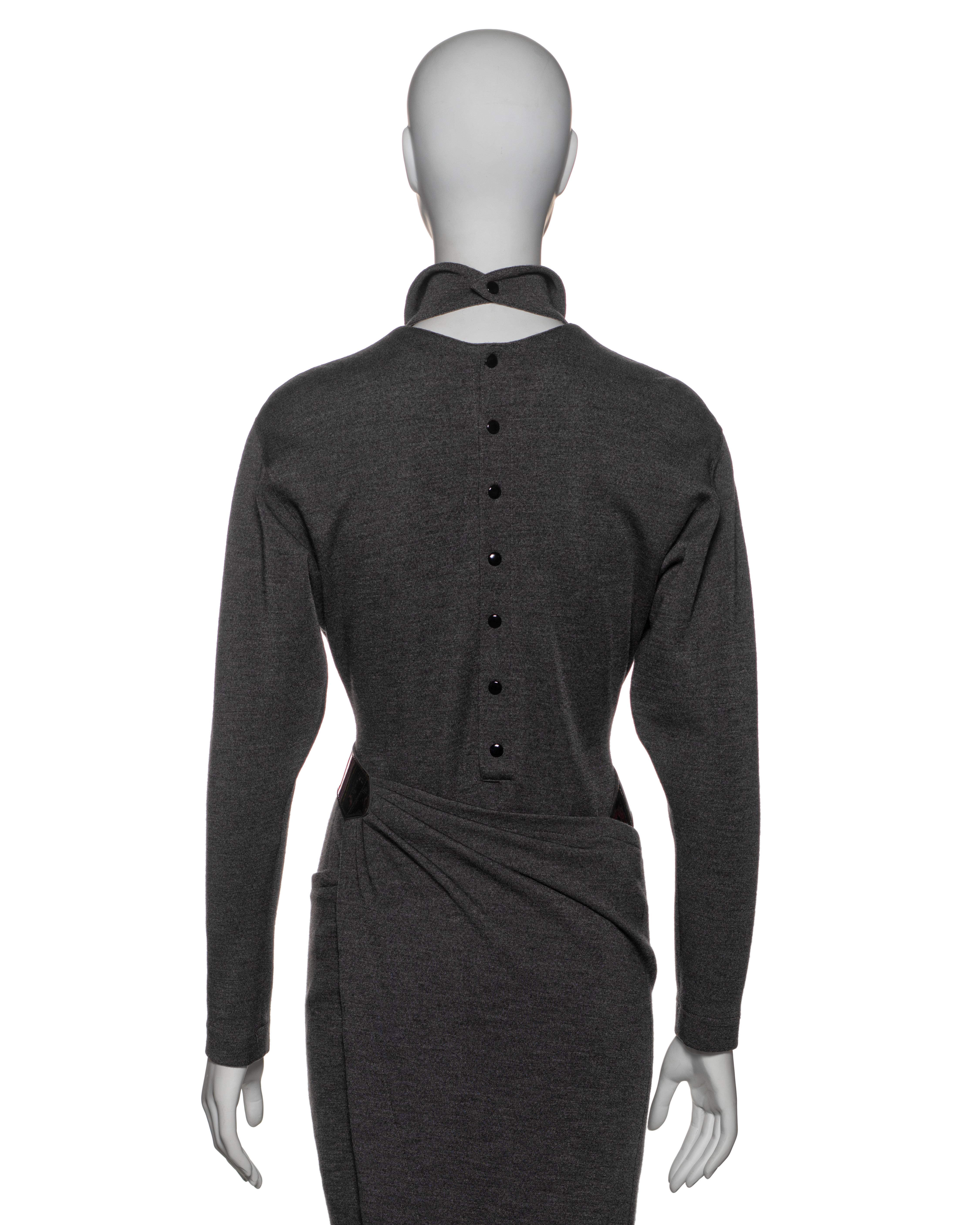Azzedine Alaia Charcoal Grey Wool Wrap Dress with Belted Waist, FW 1983 For Sale 5