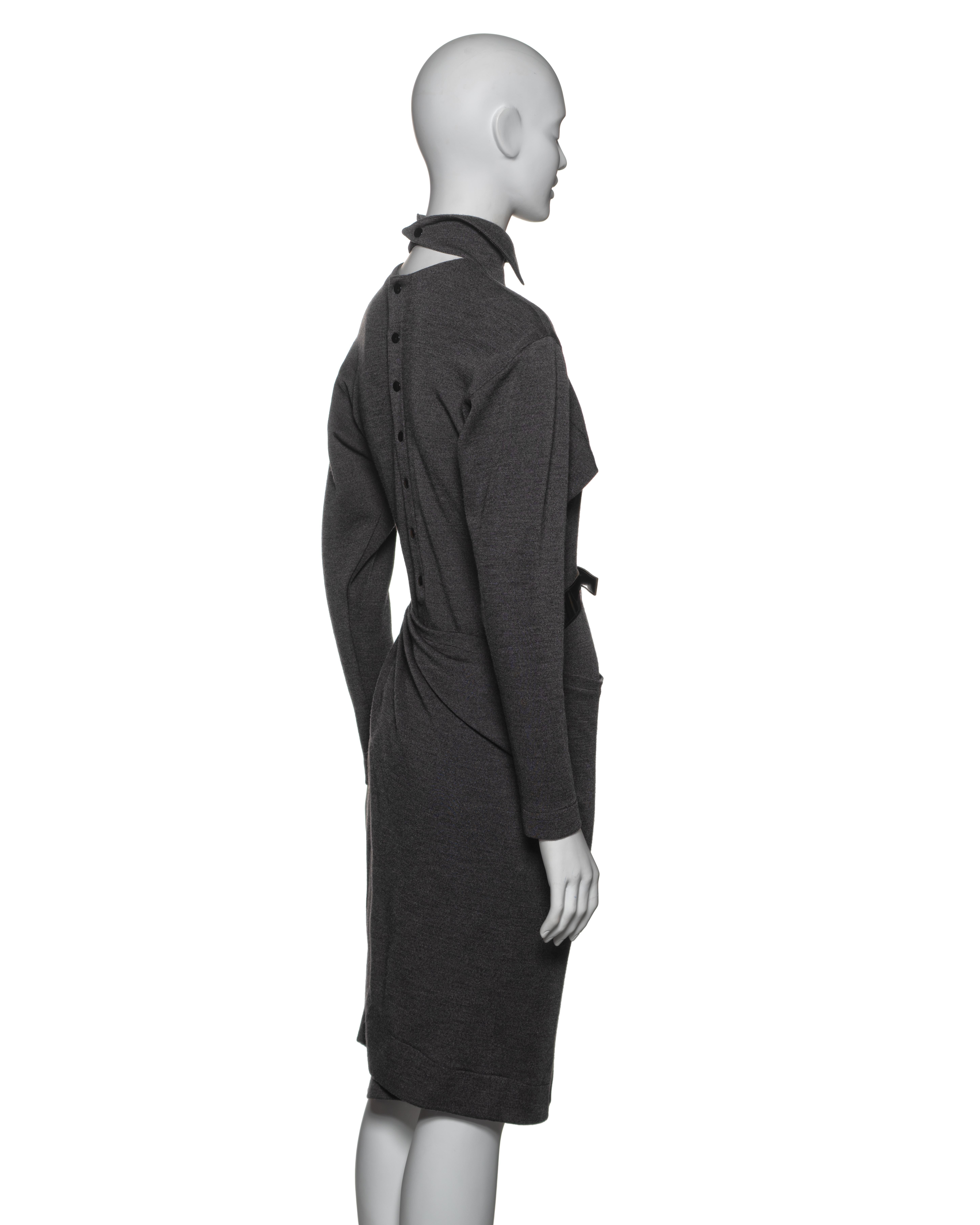 Azzedine Alaia Charcoal Grey Wool Wrap Dress with Belted Waist, FW 1983 For Sale 6