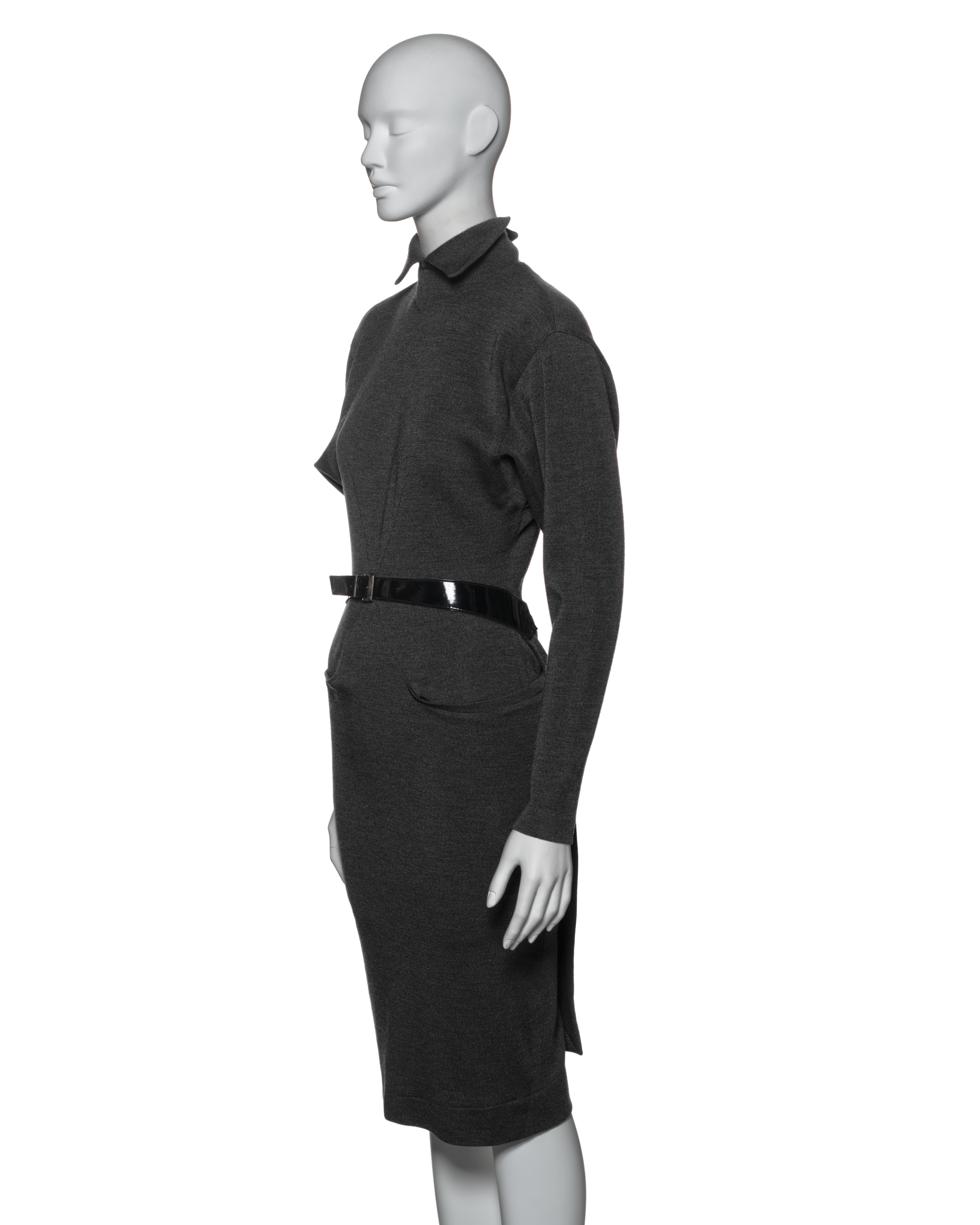 Azzedine Alaia Charcoal Grey Wool Wrap Dress with Belted Waist, FW 1983 For Sale 7