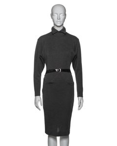 Azzedine Alaia Charcoal Grey Wool Wrap Dress with Belted Waist, FW 1983