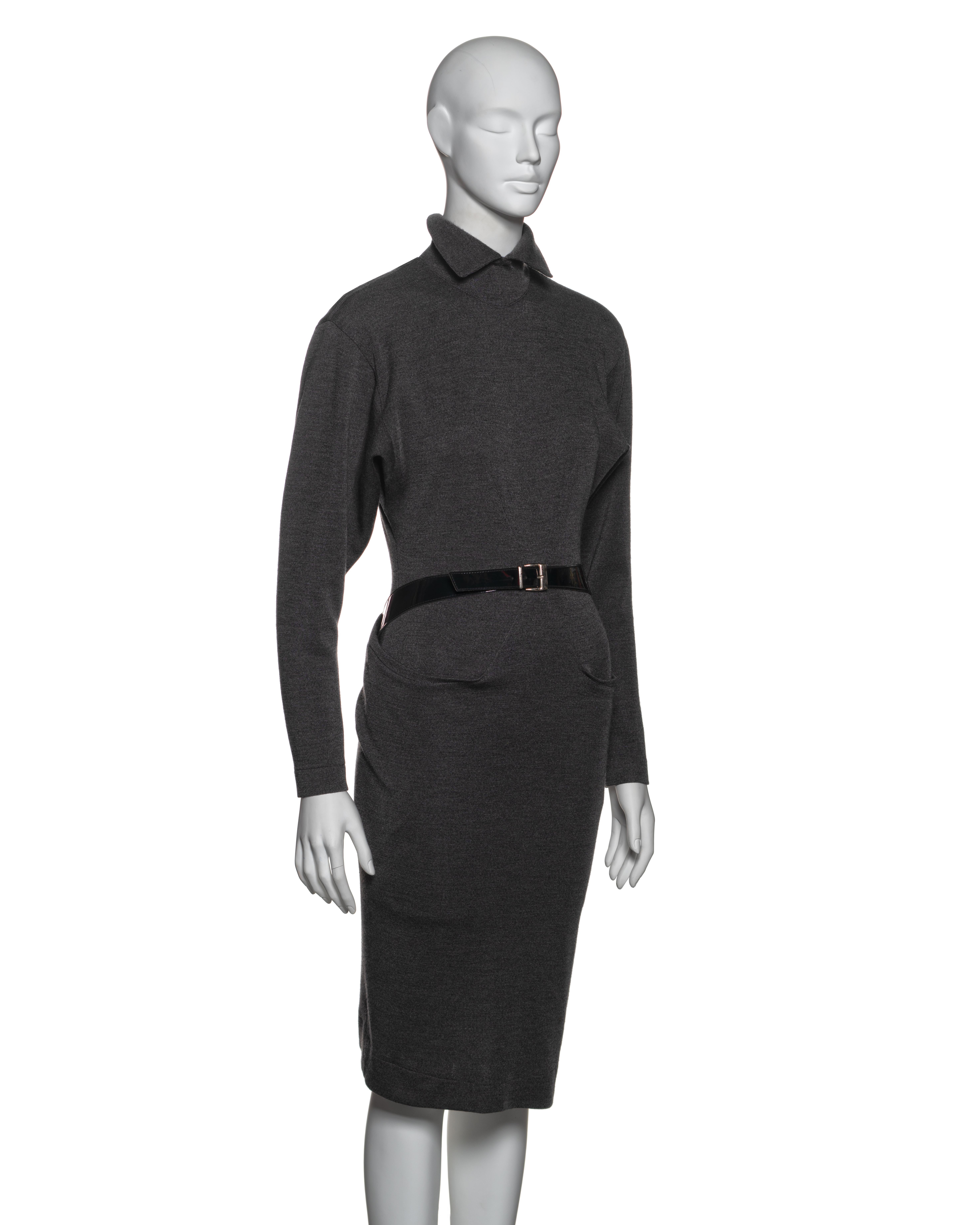 Azzedine Alaia Charcoal Grey Wool Wrap Dress with Belted Waist, FW 1983 In Good Condition For Sale In London, GB