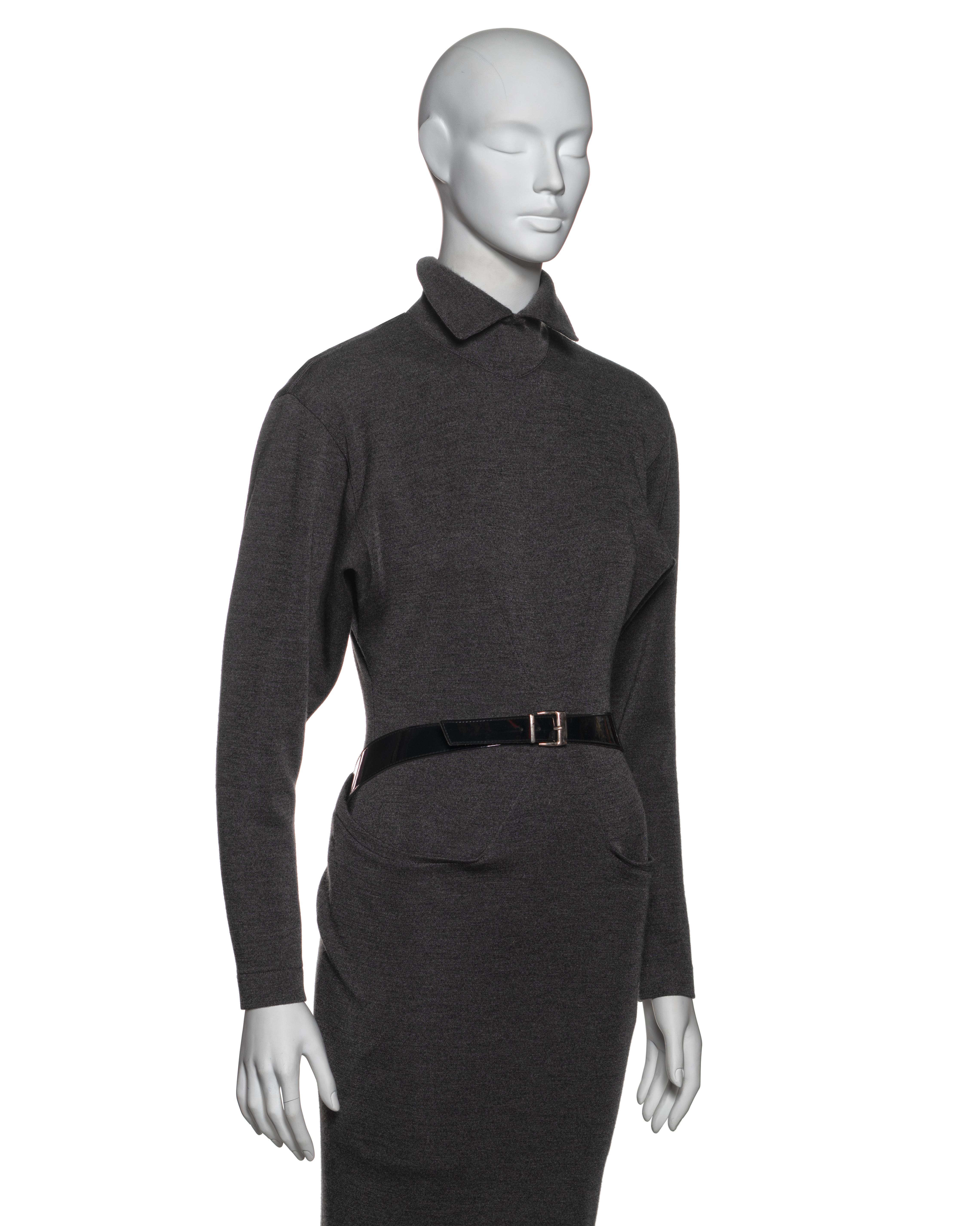 Women's Azzedine Alaia Charcoal Grey Wool Wrap Dress with Belted Waist, FW 1983 For Sale