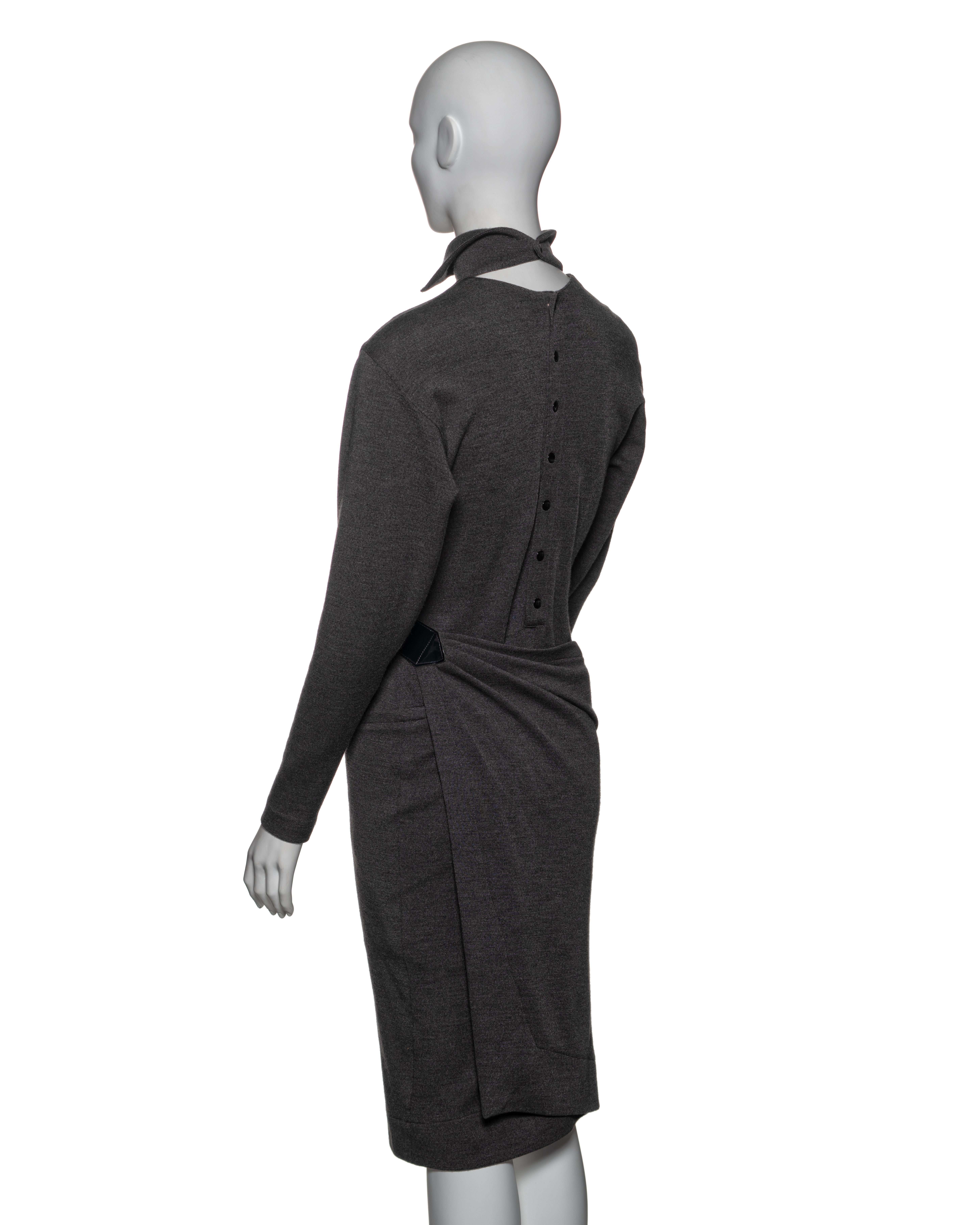 Azzedine Alaia Charcoal Grey Wool Wrap Dress with Belted Waist, FW 1983 For Sale 2