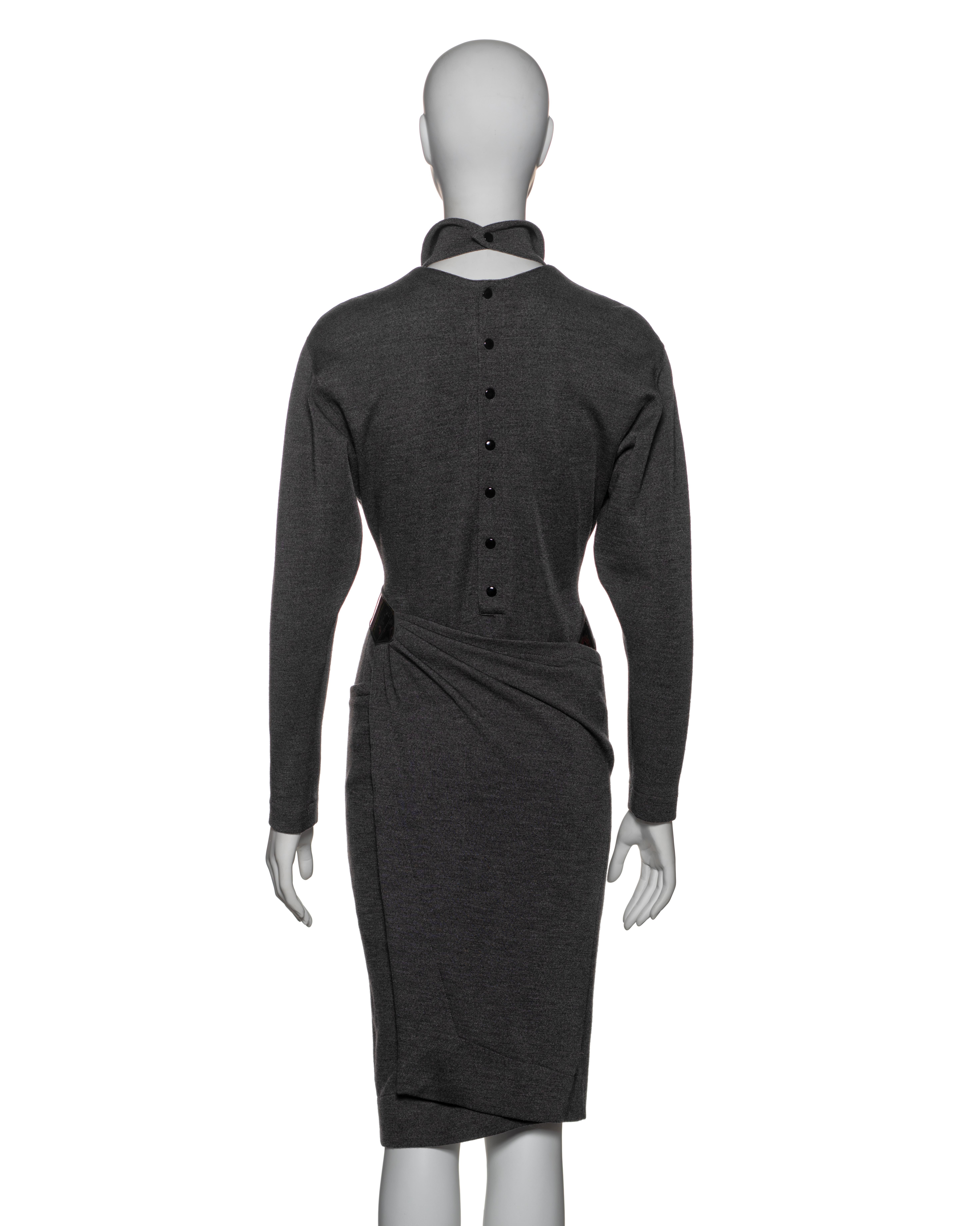 Azzedine Alaia Charcoal Grey Wool Wrap Dress with Belted Waist, FW 1983 For Sale 4
