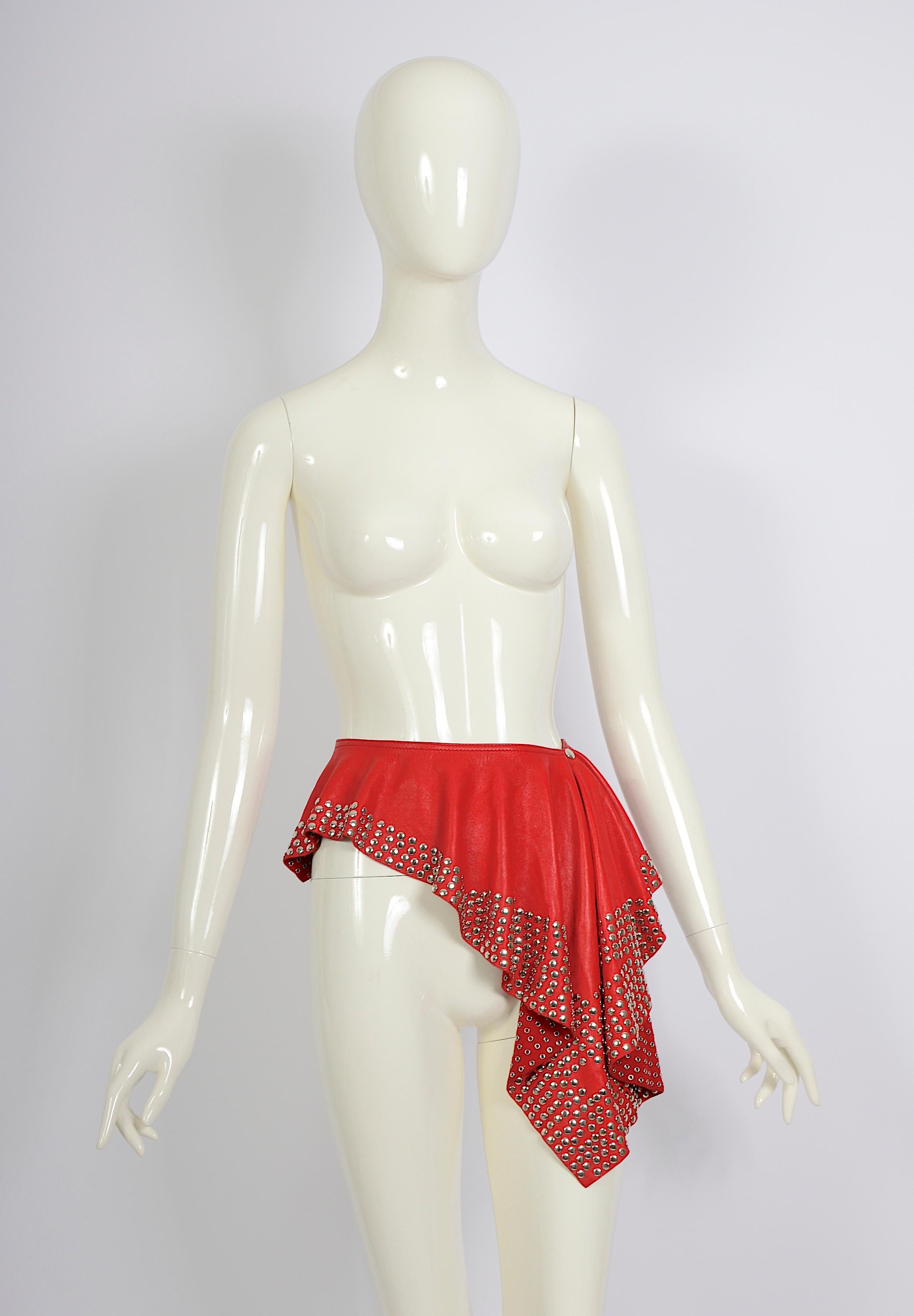 Azzedine Alaia circa 1981 collectors studded embellished red leather belt skirt For Sale 12