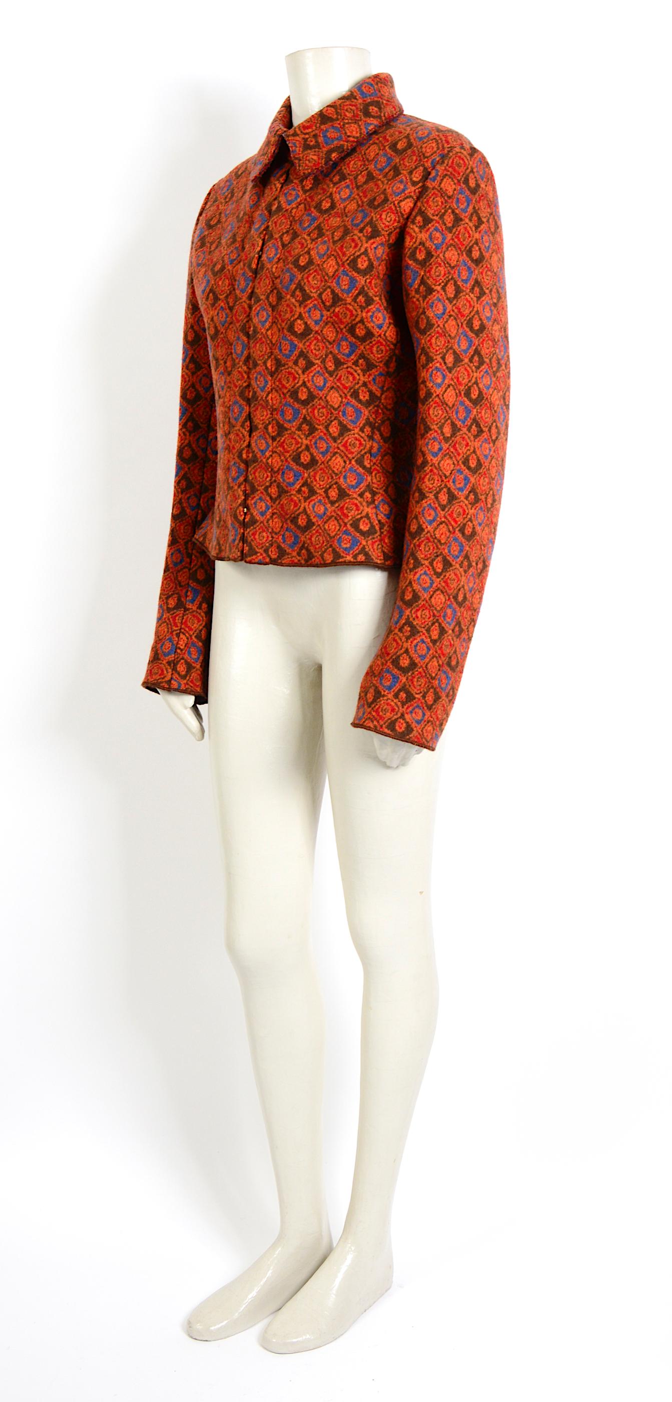 Azzedine Alaia Sammler 1990er Jahre Vintage Jacke aus roter Wolle mit Muster in Orange im Zustand „Hervorragend“ im Angebot in Antwerp, BE
