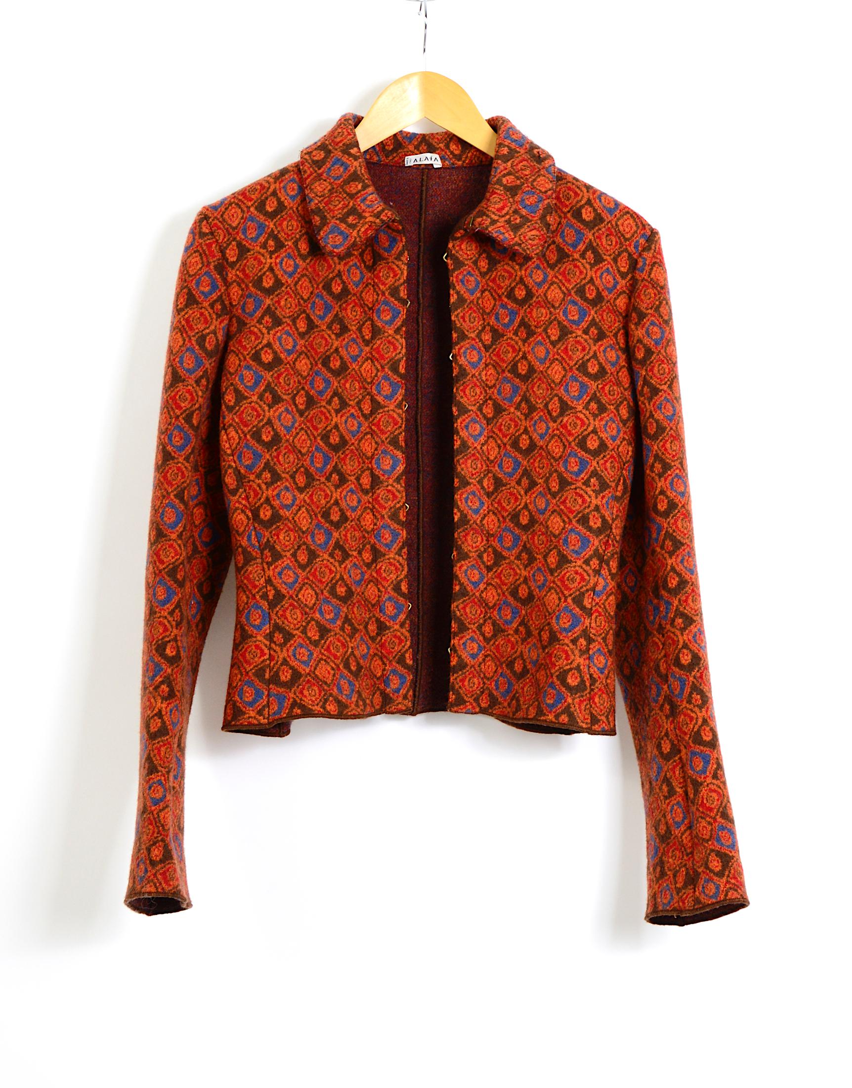 Women's Azzedine Alaia collectors 1990s vintage wool rusted orange patterned jacket For Sale