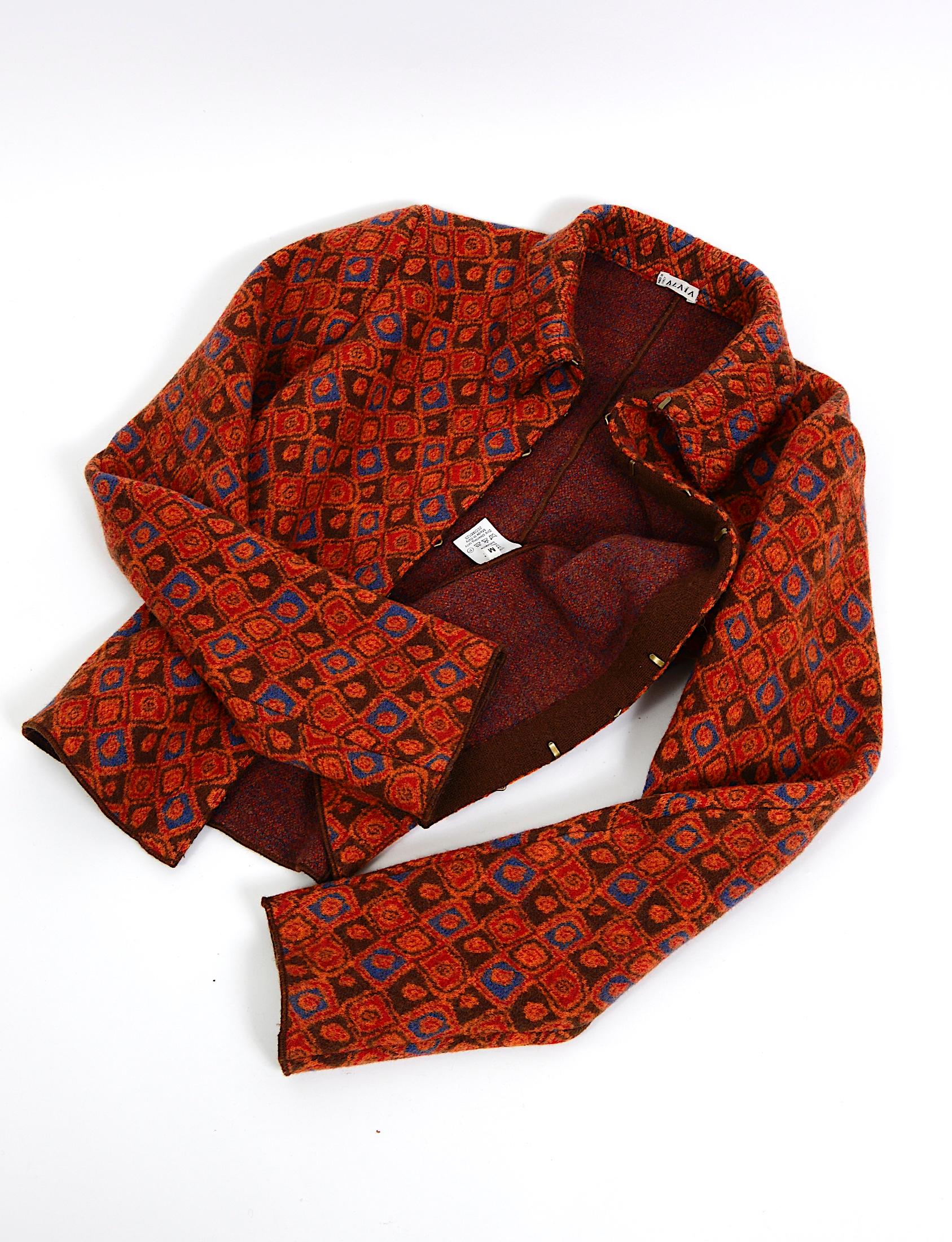 Azzedine Alaia Sammler 1990er Jahre Vintage Jacke aus roter Wolle mit Muster in Orange im Angebot 4