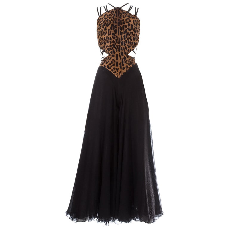 Azzedine Alaia Couture leopard pony hair and silk flared jumpsuit, c ...