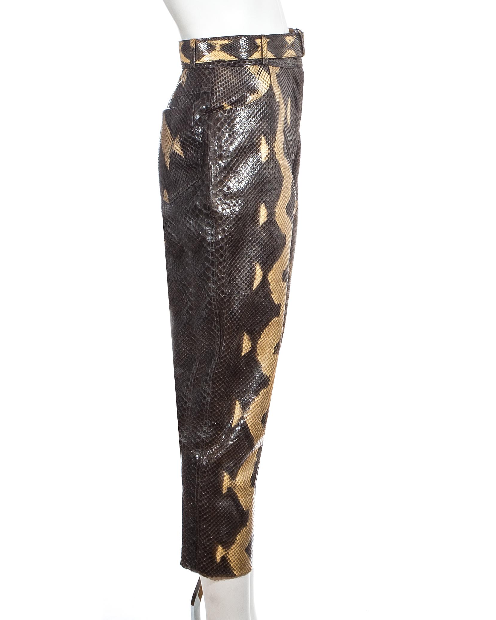 Black Azzedine Alaia cream snakeskin high waisted pants with matching belt, ss 1991
