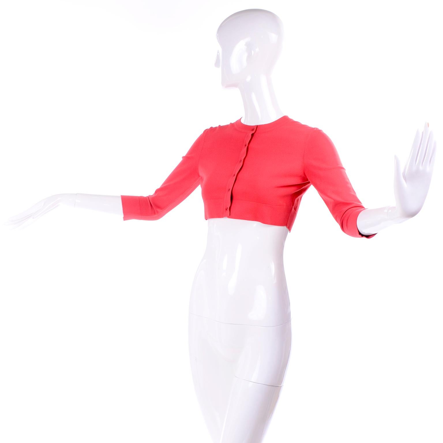 Red Azzedine Alaia Deep Coral Cropped Crew Neck Sweater w/ 3/4 Length Sleeves