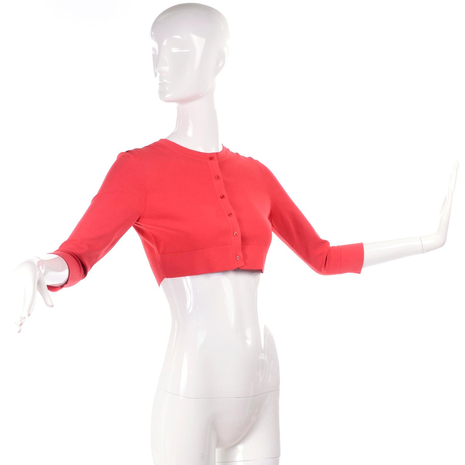 Azzedine Alaia Deep Coral Cropped Crew Neck Sweater w/ 3/4 Length Sleeves In Excellent Condition In Portland, OR