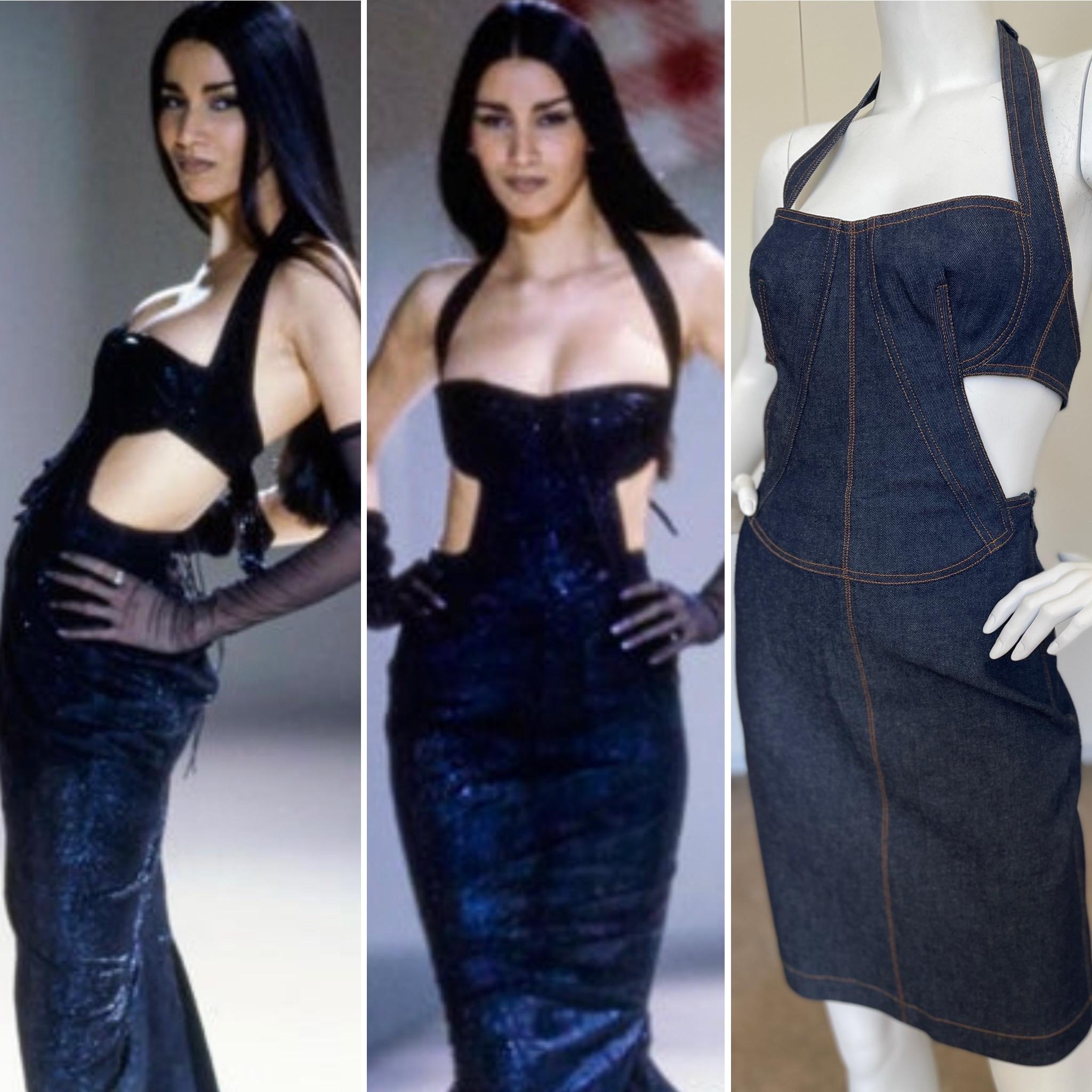 Azzedine Alaia Reissue 1986 Denim Cut Out Dress with Corset Lace Details.
The 1986 Alaia collection was considered one of his finest,
 and the house has reissued some of the best pieces.
Selling at Bergdorf Goodman, currently retails for