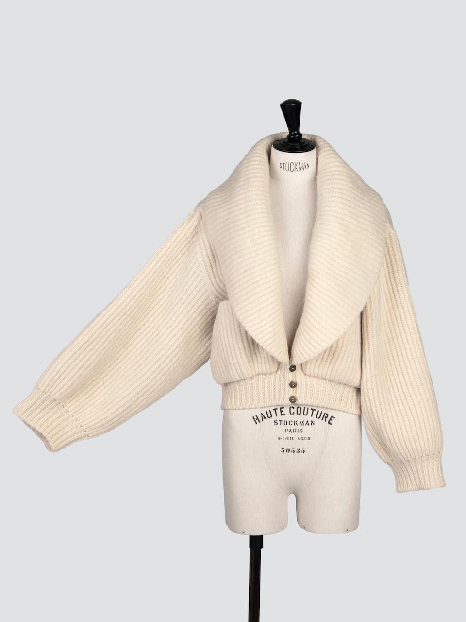 Beige Azzedine ALAÏA Documented Ivory Wool Knit Runway Cardigan Jacket, F/W 1984-85