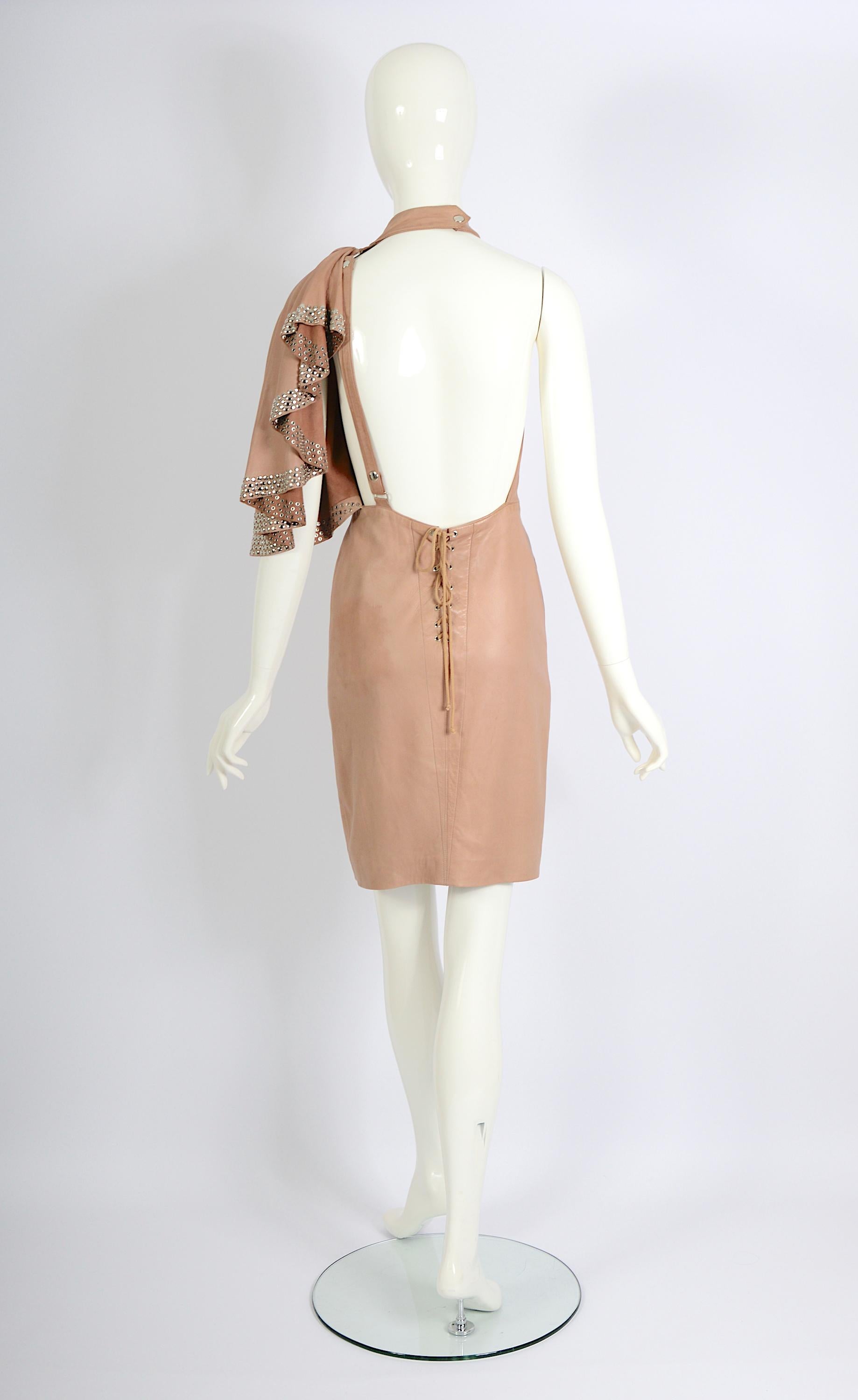 Azzedine Alaia documented nude leather metal studded embellished dress, ss 1981 For Sale 6