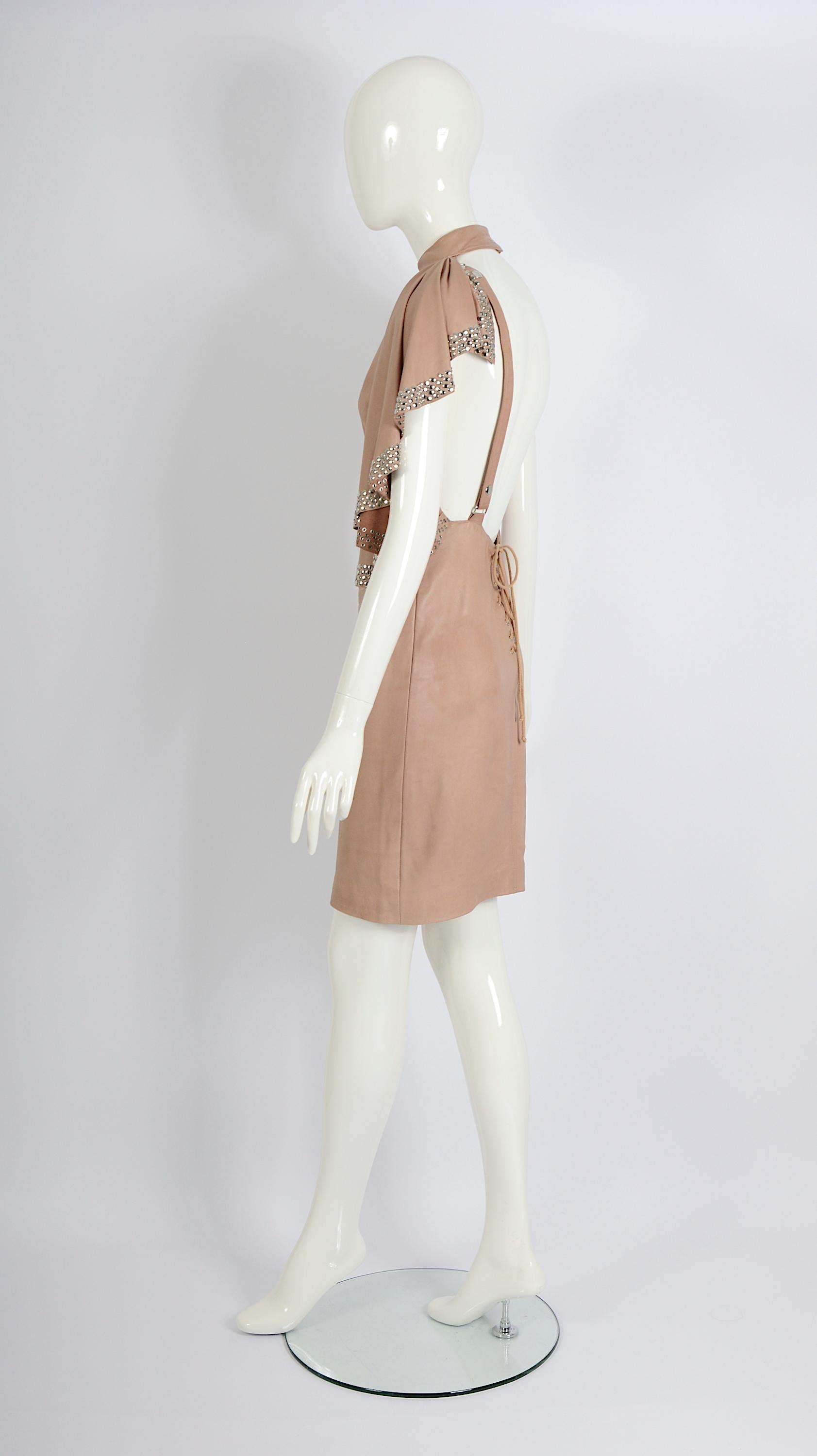 Azzedine Alaia documented nude leather metal studded embellished dress, ss 1981 For Sale 7