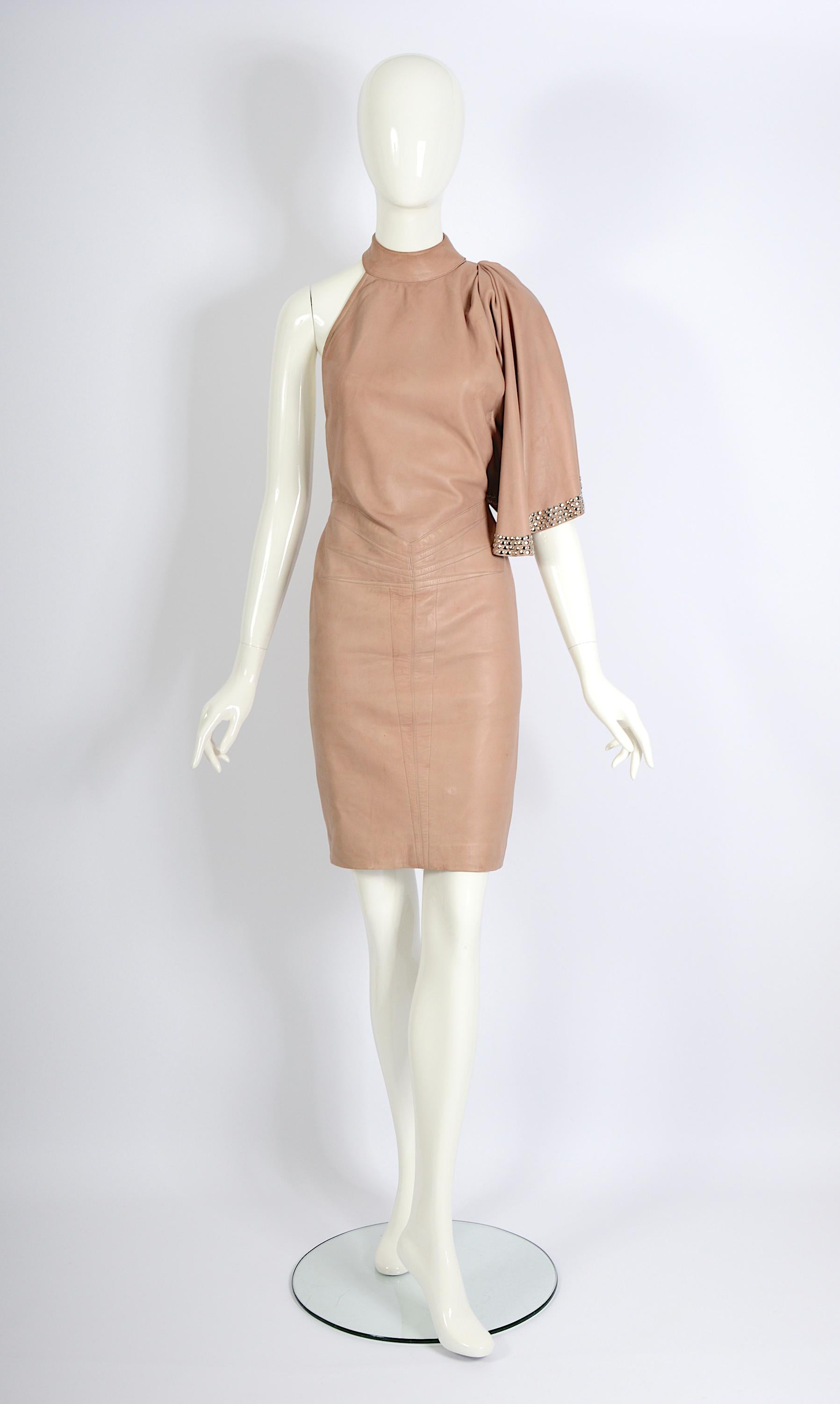 Azzedine Alaia documented nude leather metal studded embellished dress, ss 1981 For Sale 9