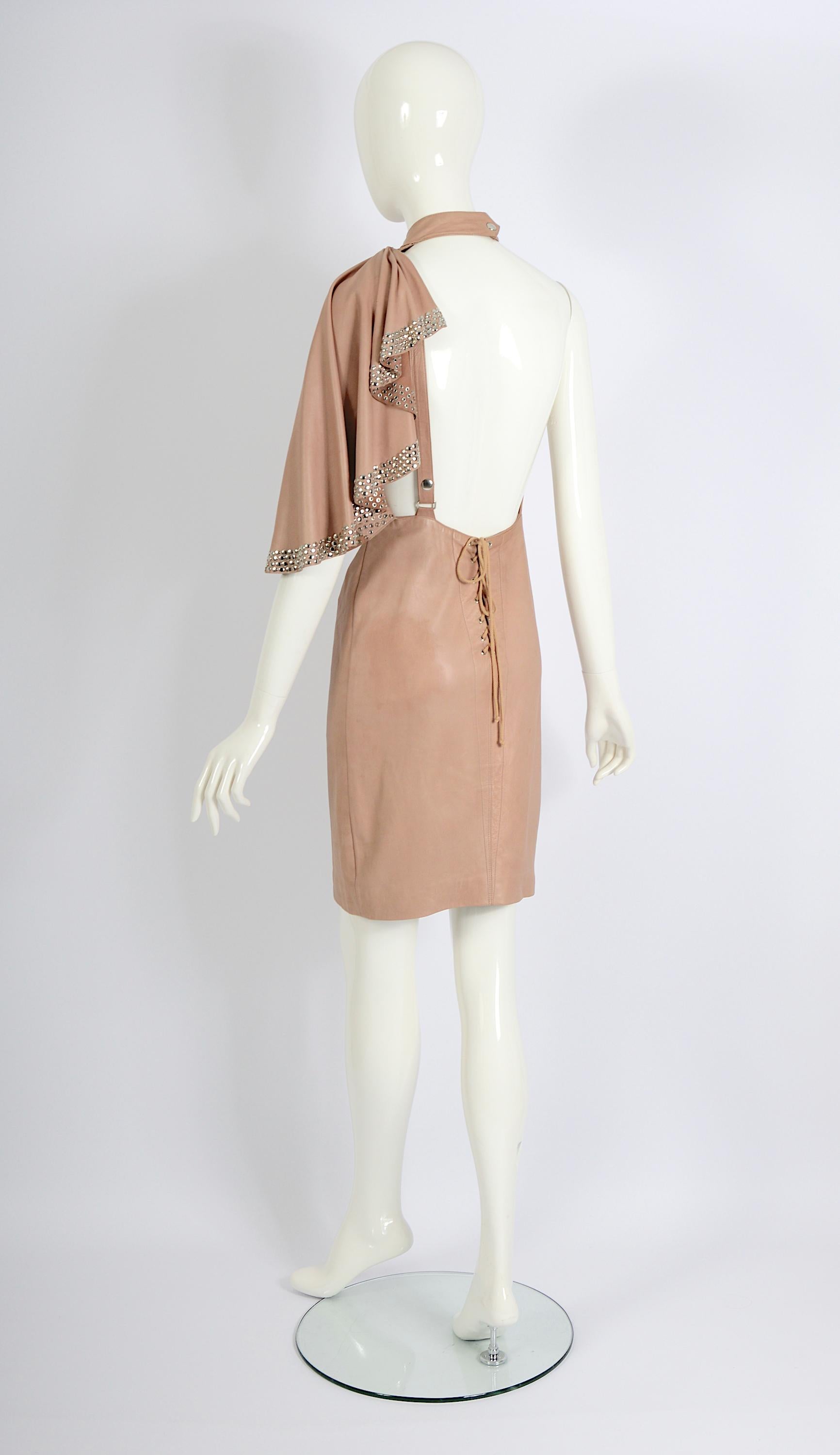 Azzedine Alaia documented nude leather metal studded embellished dress, ss 1981 For Sale 10
