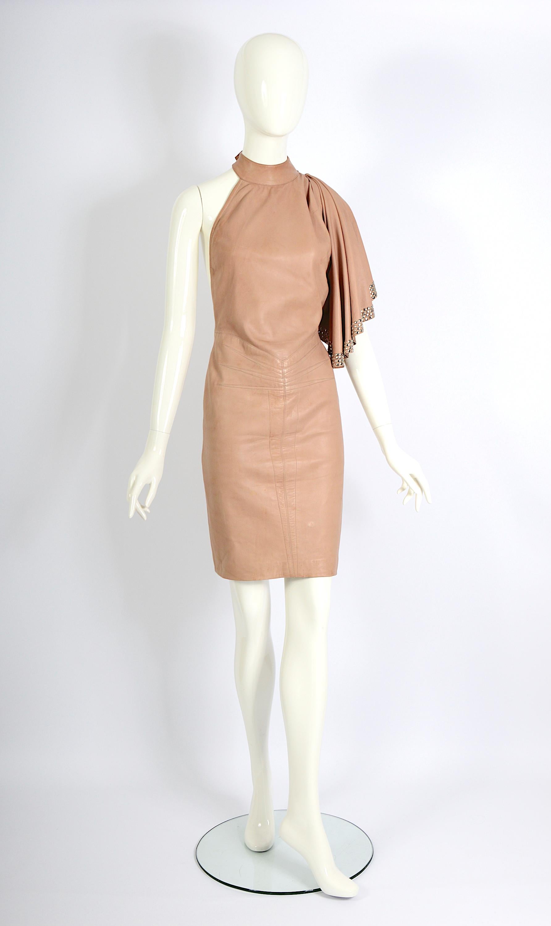 Azzedine Alaia documented nude leather metal studded embellished dress, ss 1981 For Sale 11