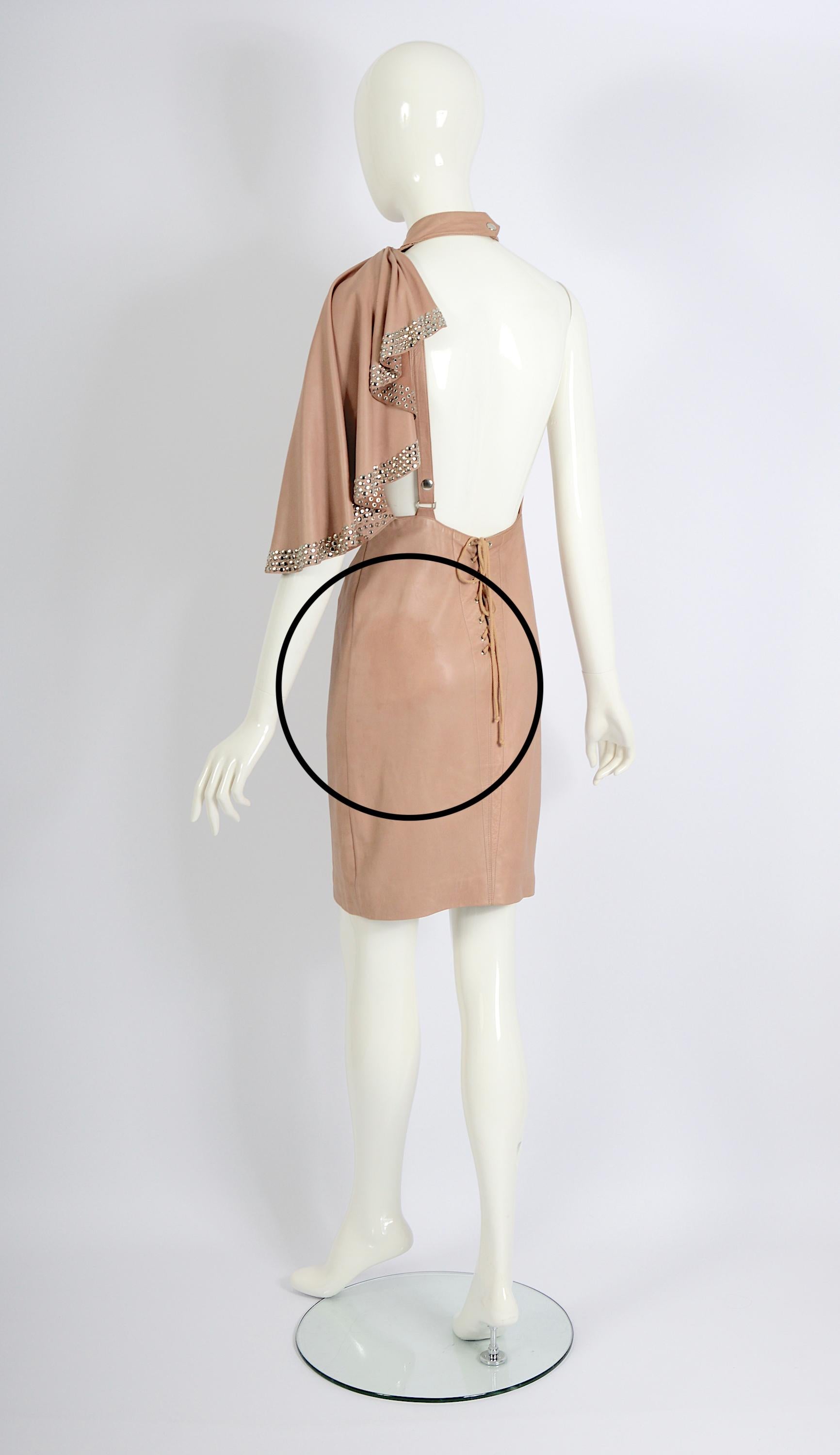 Azzedine Alaia documented nude leather metal studded embellished dress, ss 1981 For Sale 12