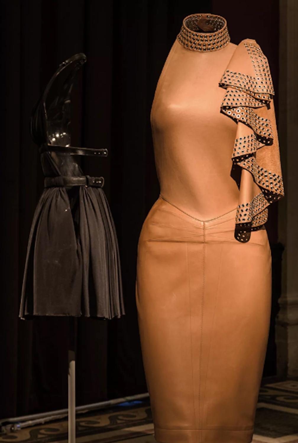Azzedine Alaia documented nude leather metal studded embellished dress, ss 1981 For Sale 14