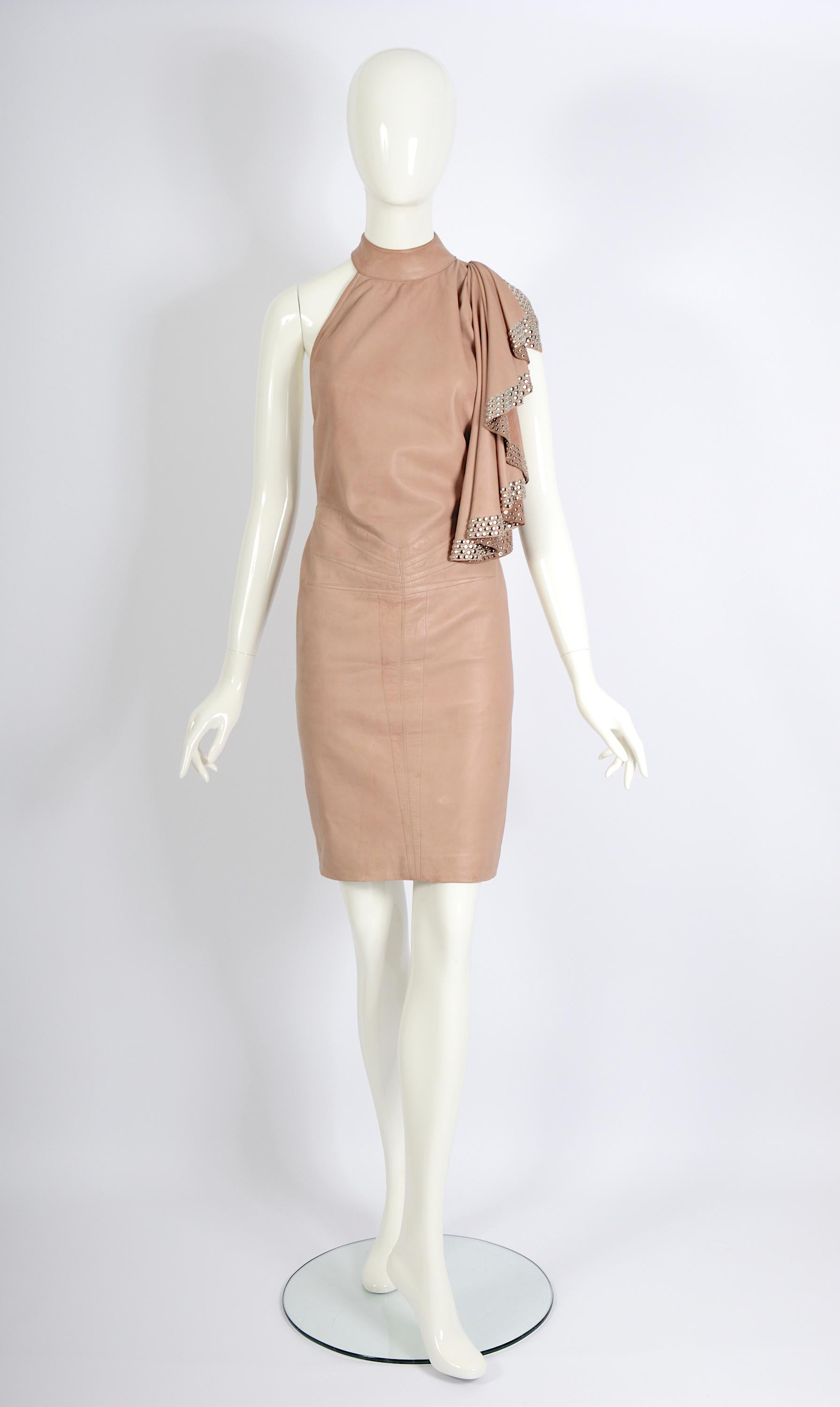 Women's Azzedine Alaia documented nude leather metal studded embellished dress, ss 1981 For Sale