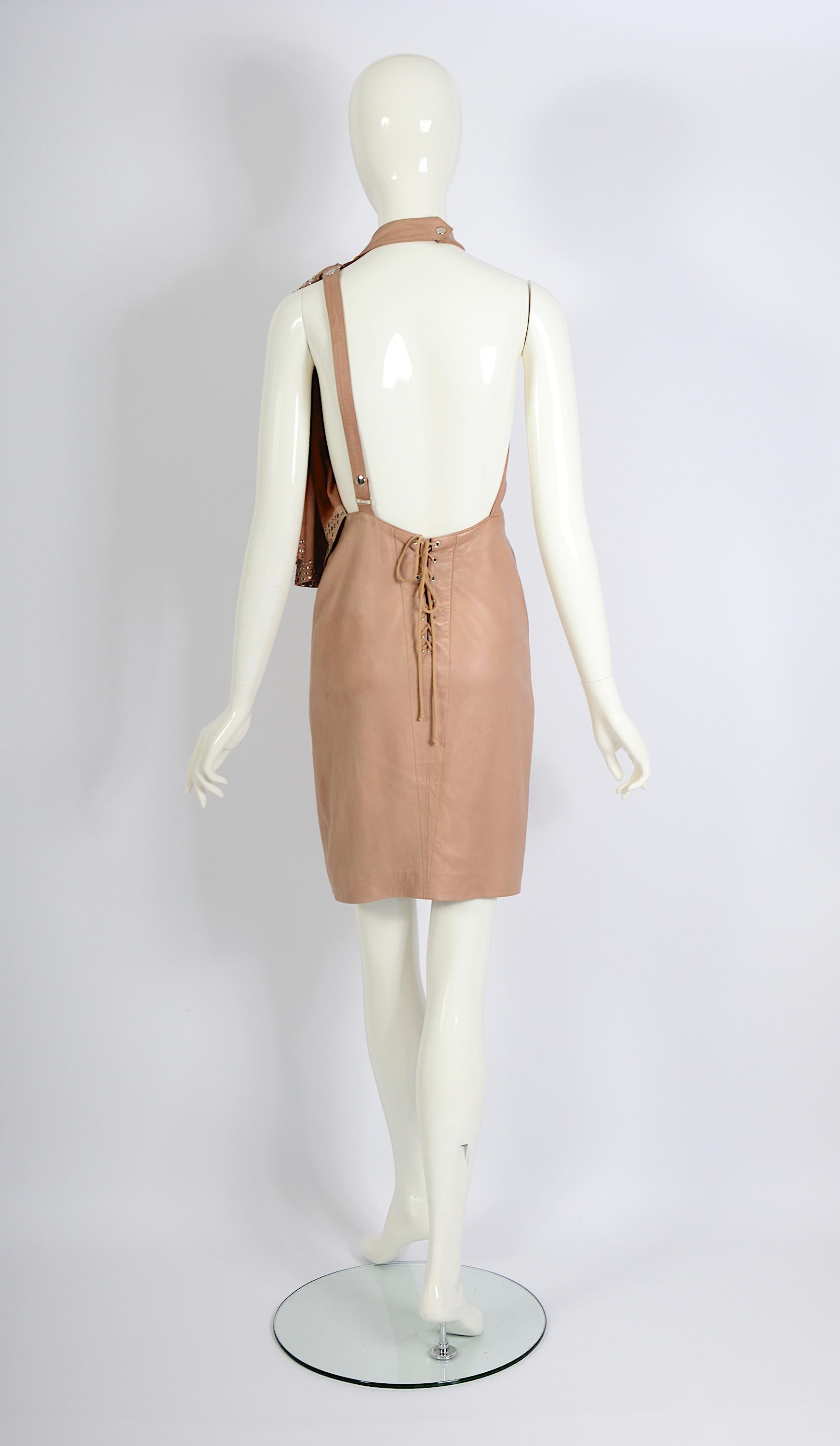 Azzedine Alaia documented nude leather metal studded embellished dress, ss 1981 For Sale 1